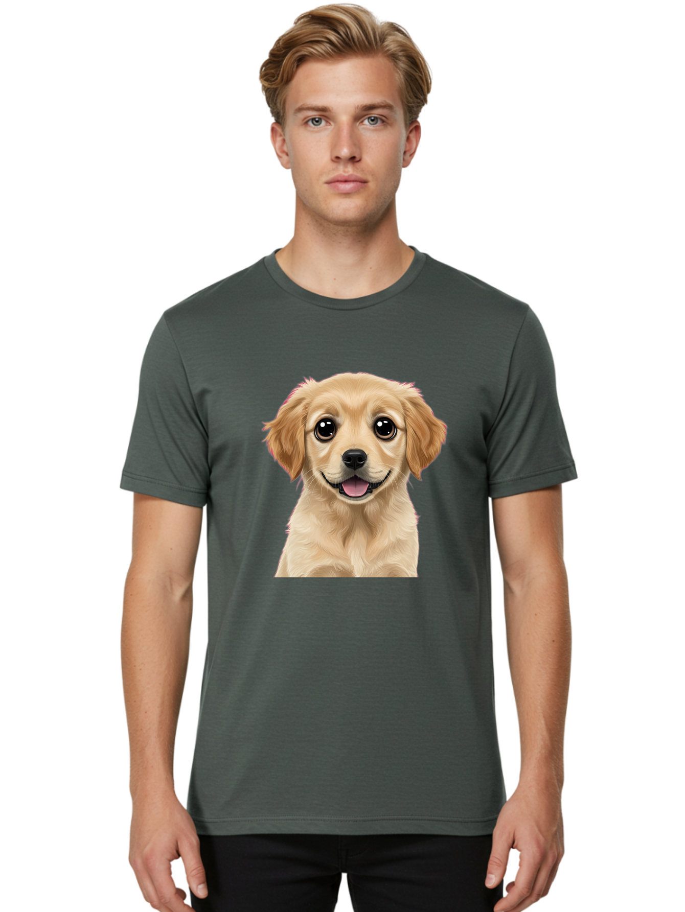 Smiling-Golden-Puppy Men'S Graphic Tee, 100% Cotton, Comfortable Casual Summer Wear, Machine Washable, Friendly Dog, Happy Puppy, Golden Retriever, Big Eyes, Playful Expression, Adorable Face, Cute Nose, Smiling Dog, Cartoon Puppy, Lovable Pet Bac428