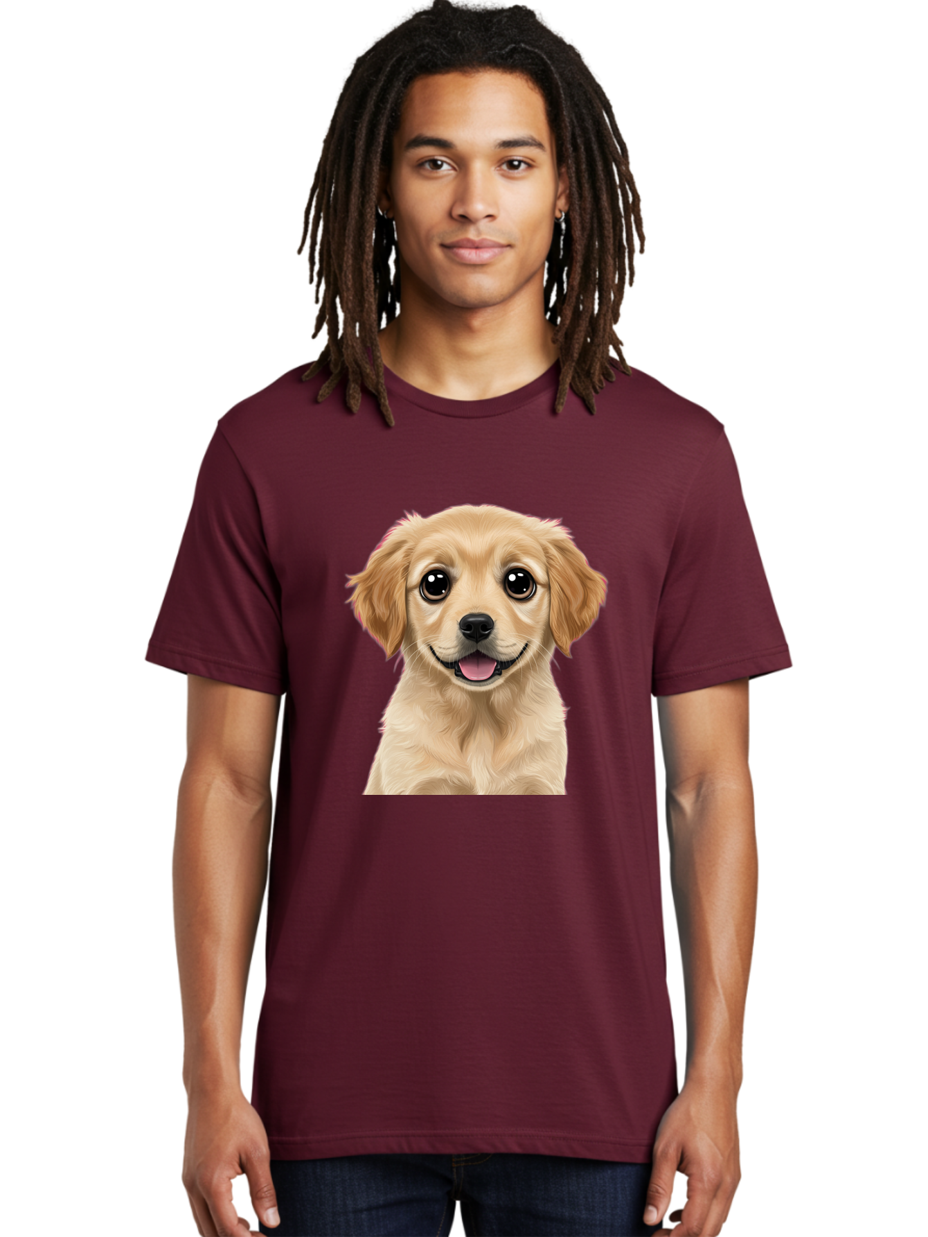 Smiling-Golden-Puppy Men'S Graphic Tee, 100% Cotton, Comfortable Casual Summer Wear, Machine Washable, Friendly Dog, Happy Puppy, Golden Retriever, Big Eyes, Playful Expression, Adorable Face, Cute Nose, Smiling Dog, Cartoon Puppy, Lovable Pet Bac428