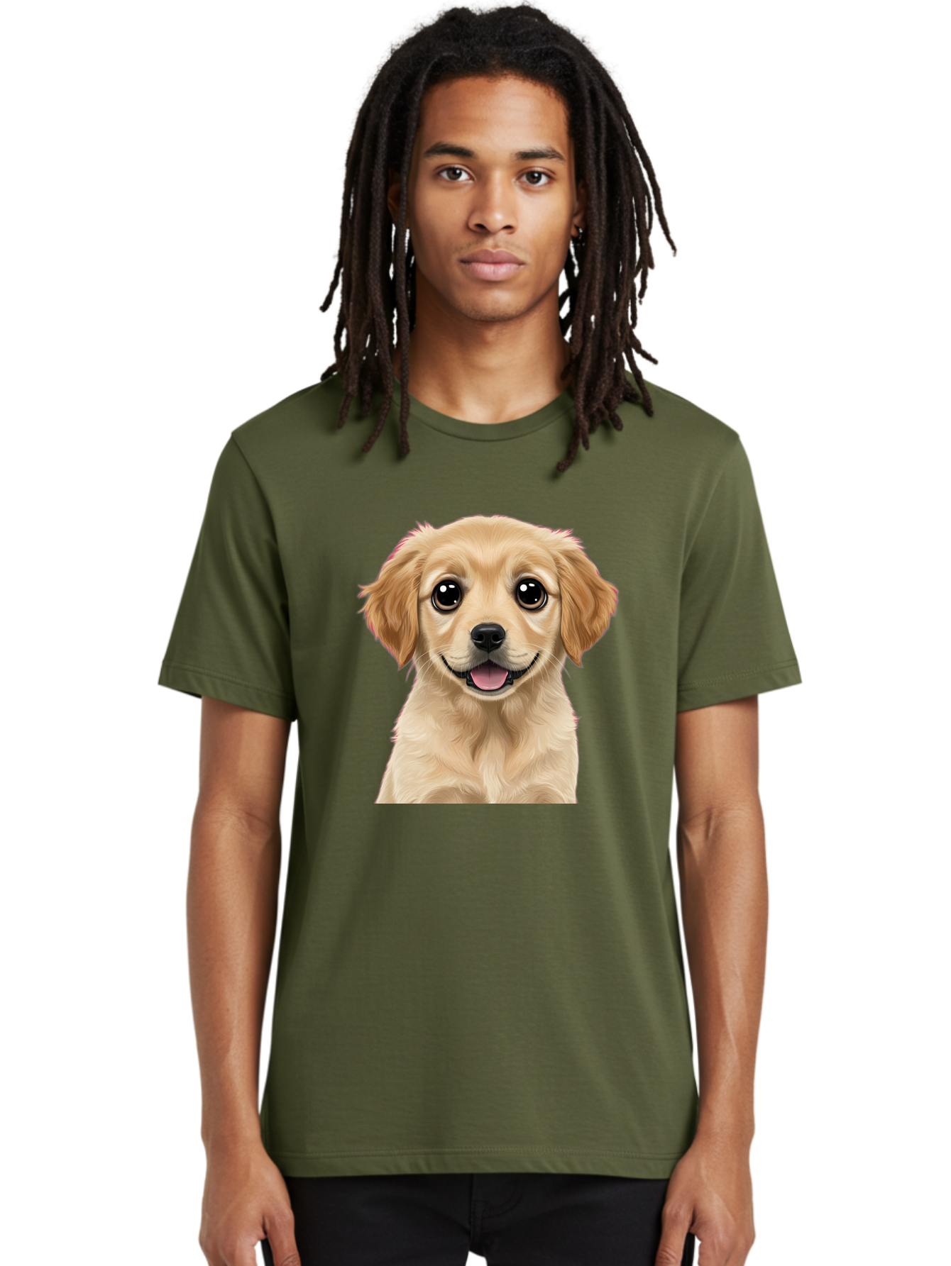 Smiling-Golden-Puppy Men'S Graphic Tee, 100% Cotton, Comfortable Casual Summer Wear, Machine Washable, Friendly Dog, Happy Puppy, Golden Retriever, Big Eyes, Playful Expression, Adorable Face, Cute Nose, Smiling Dog, Cartoon Puppy, Lovable Pet Bac428
