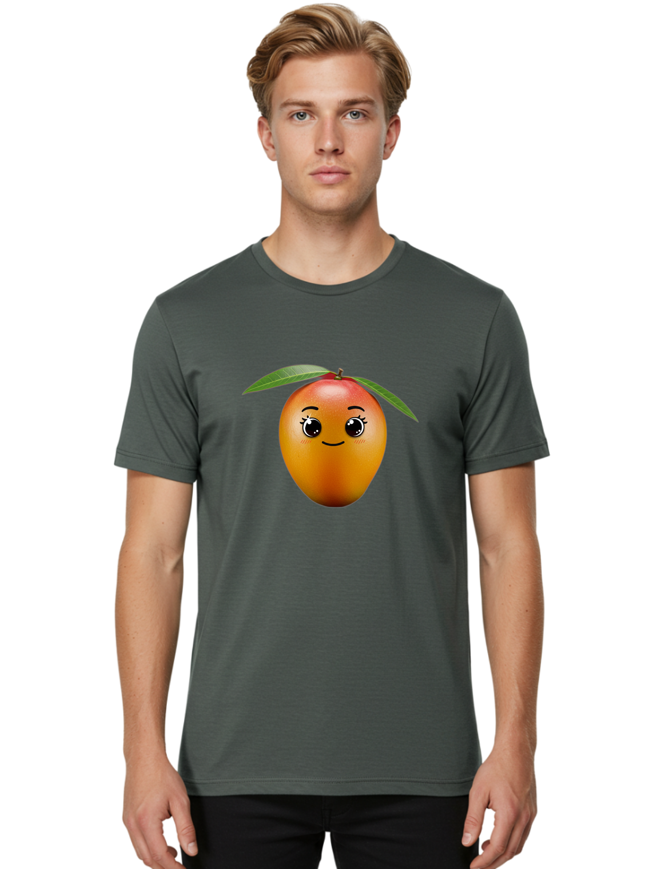 Smiling-Mango Men'S Graphic Tee, 100% Cotton, Comfortable Casual Summer Wear, Machine Washable, Cartoon Mango, Mangoes, Cheerful Fruit, Adorable Character, Smiling Face, Cute Eyes, Vibrant Orange, Whimsical Design, Fun Illustration, Bac429
