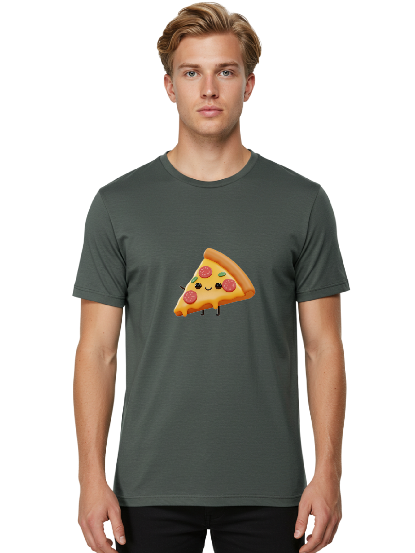 Smiling-Pizza-Slice Men'S Graphic Tee, 100% Cotton, Comfortable Casual Summer Wear, Machine Washable, Pepperoni Pizza Slice, Cartoon Character, Cheesy Goodness, Melted Cheese, Green Olives, Funny Face, Animated Food, Cartoon Pizza Bac430
