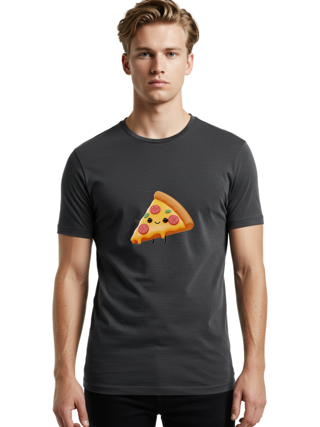 Smiling-Pizza-Slice Men'S Graphic Tee, 100% Cotton, Comfortable Casual Summer Wear, Machine Washable, Pepperoni Pizza Slice, Cartoon Character, Cheesy Goodness, Melted Cheese, Green Olives, Funny Face, Animated Food, Cartoon Pizza Bac430