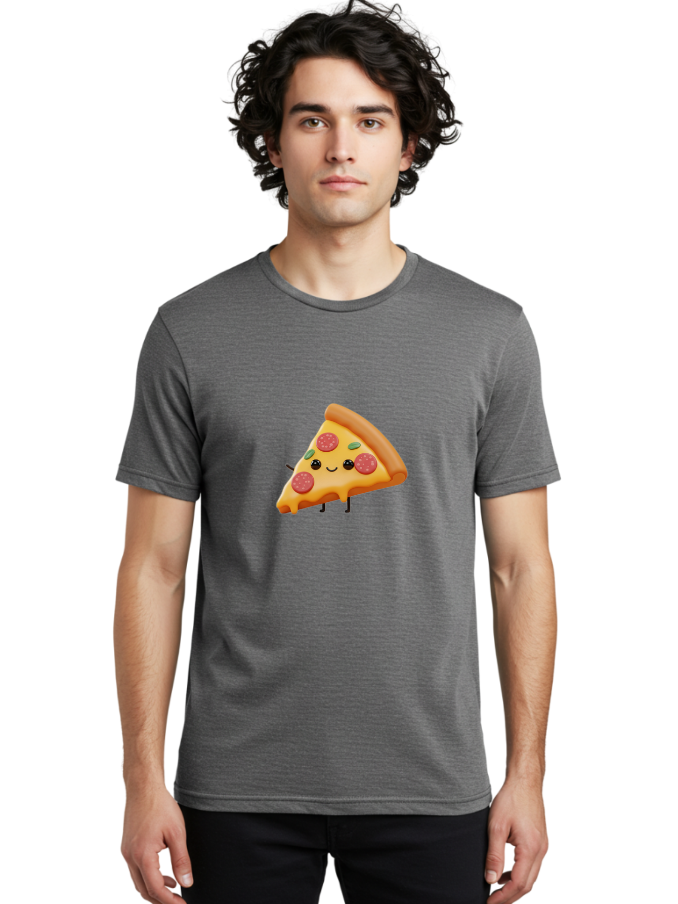 Smiling-Pizza-Slice Men'S Graphic Tee, 100% Cotton, Comfortable Casual Summer Wear, Machine Washable, Pepperoni Pizza Slice, Cartoon Character, Cheesy Goodness, Melted Cheese, Green Olives, Funny Face, Animated Food, Cartoon Pizza Bac430