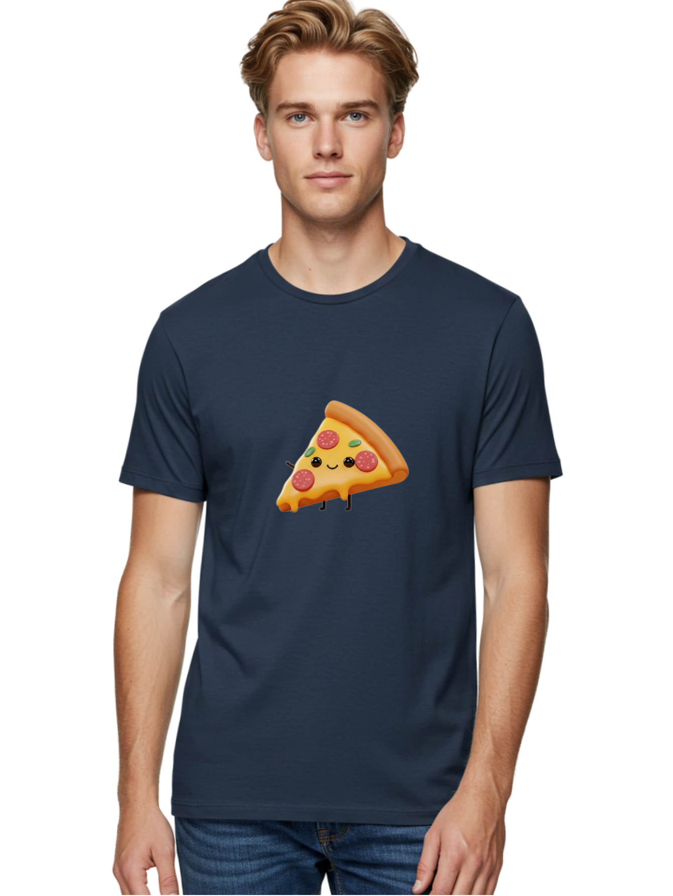Smiling-Pizza-Slice Men'S Graphic Tee, 100% Cotton, Comfortable Casual Summer Wear, Machine Washable, Pepperoni Pizza Slice, Cartoon Character, Cheesy Goodness, Melted Cheese, Green Olives, Funny Face, Animated Food, Cartoon Pizza Bac430