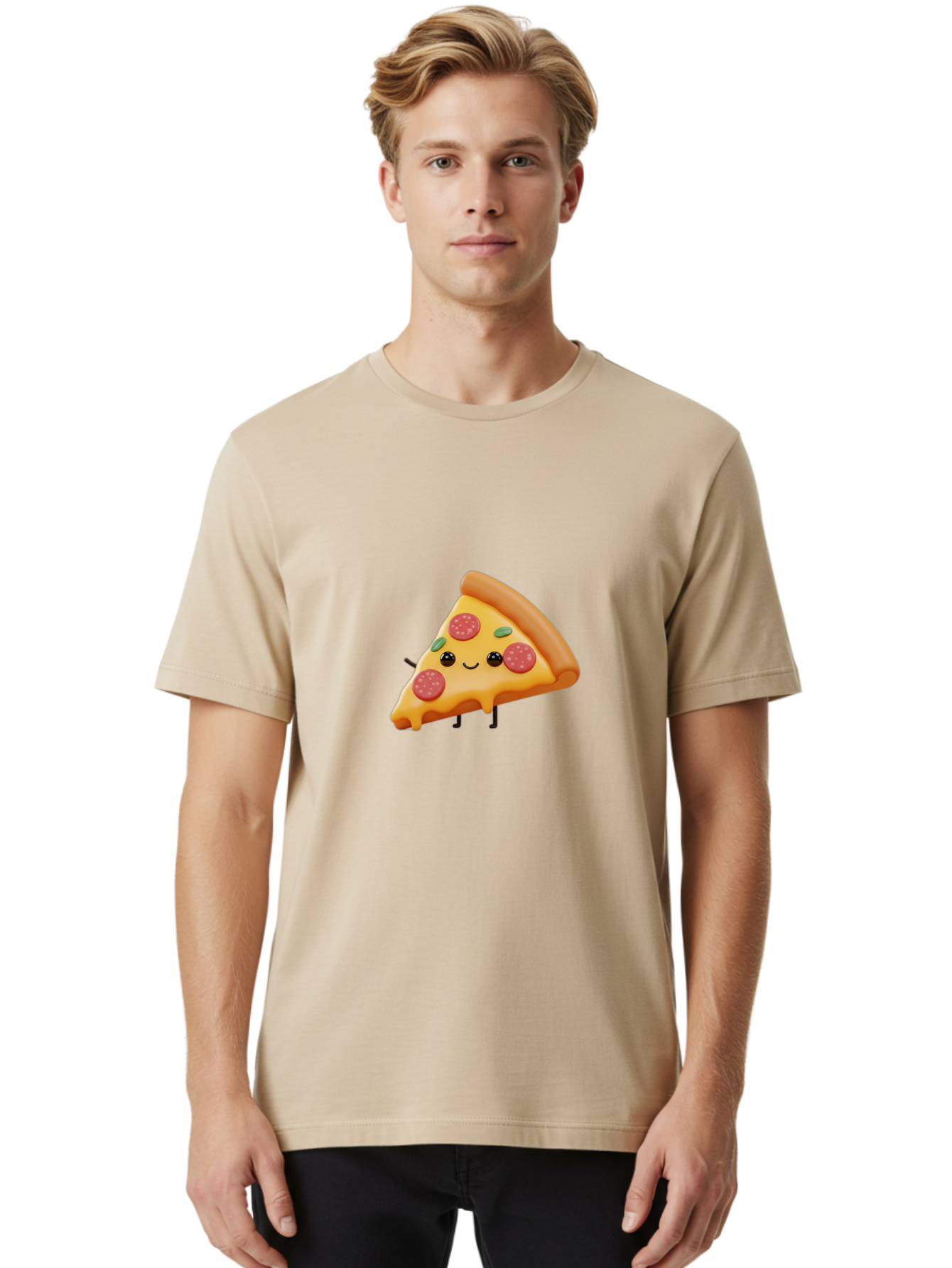 Smiling-Pizza-Slice Men'S Graphic Tee, 100% Cotton, Comfortable Casual Summer Wear, Machine Washable, Pepperoni Pizza Slice, Cartoon Character, Cheesy Goodness, Melted Cheese, Green Olives, Funny Face, Animated Food, Cartoon Pizza Bac430