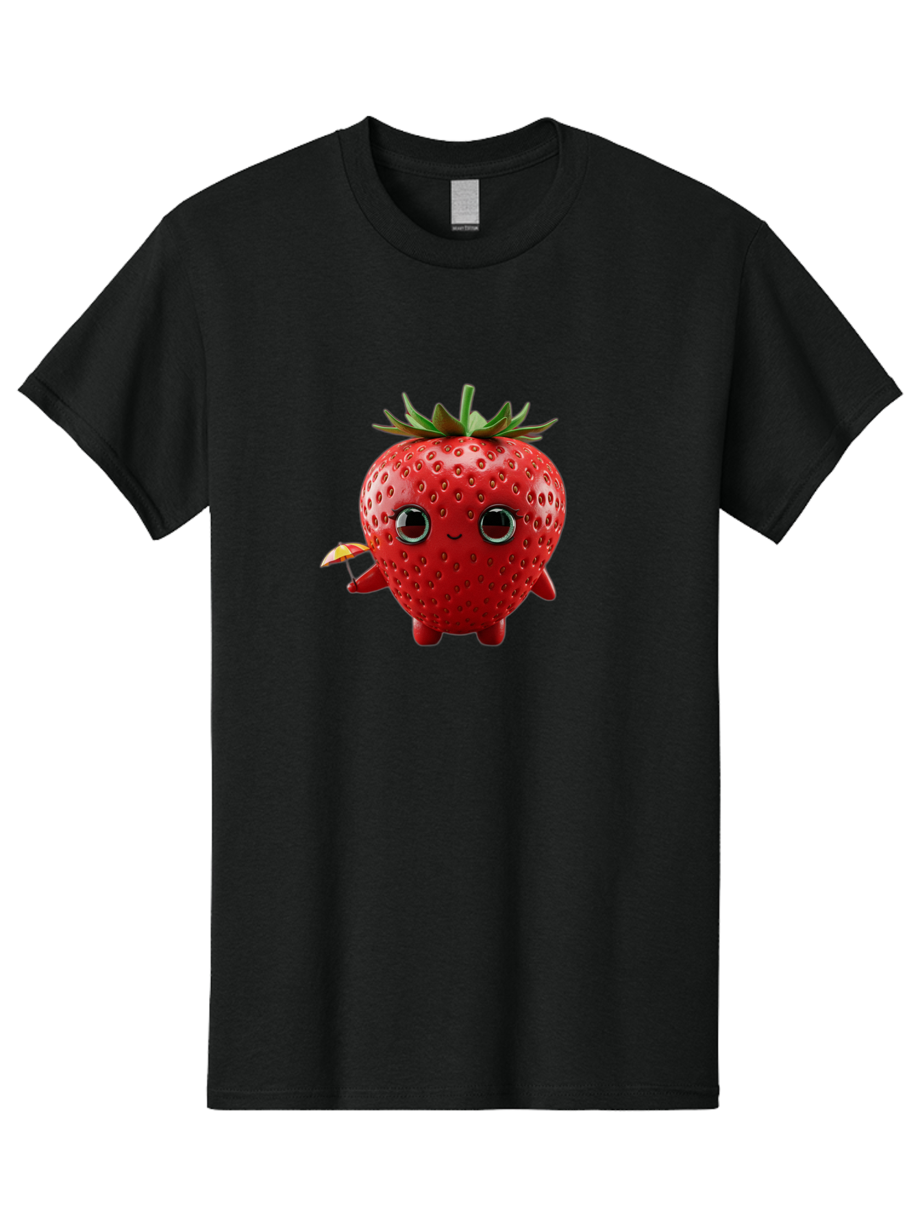 Smiling-Strawberry-1 Men'S Graphic Tee, 100% Cotton, Comfortable Casual Summer Wear, Machine Washable, Cartoon Strawberry Character, Smiling Face, Cute And Playful, Holding A Red And Yellow Umbrella, Kawaii Fruit, Adorable Animation, Bac431