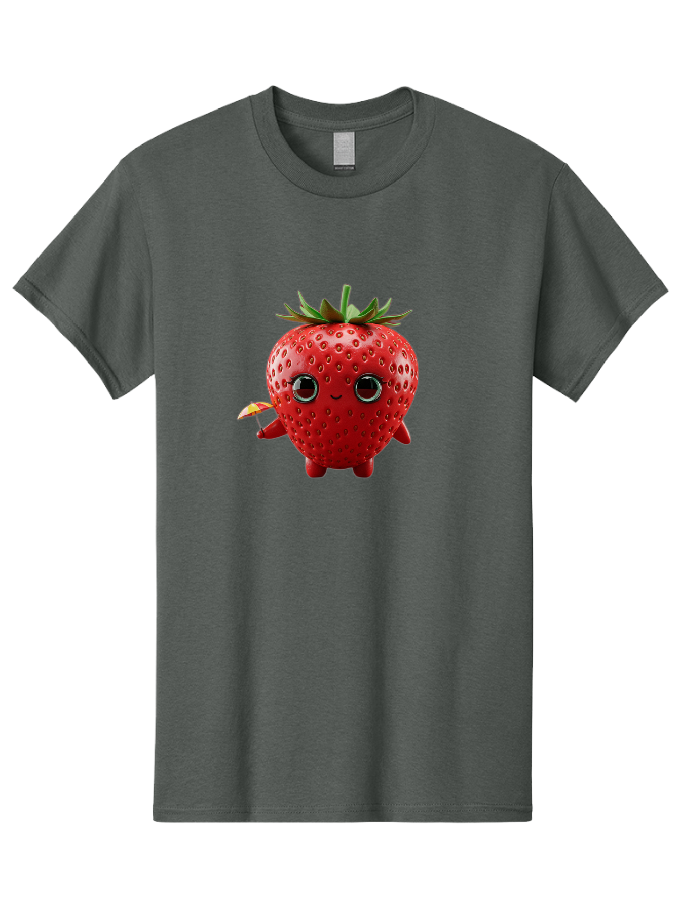 Smiling-Strawberry-1 Men'S Graphic Tee, 100% Cotton, Comfortable Casual Summer Wear, Machine Washable, Cartoon Strawberry Character, Smiling Face, Cute And Playful, Holding A Red And Yellow Umbrella, Kawaii Fruit, Adorable Animation, Bac431
