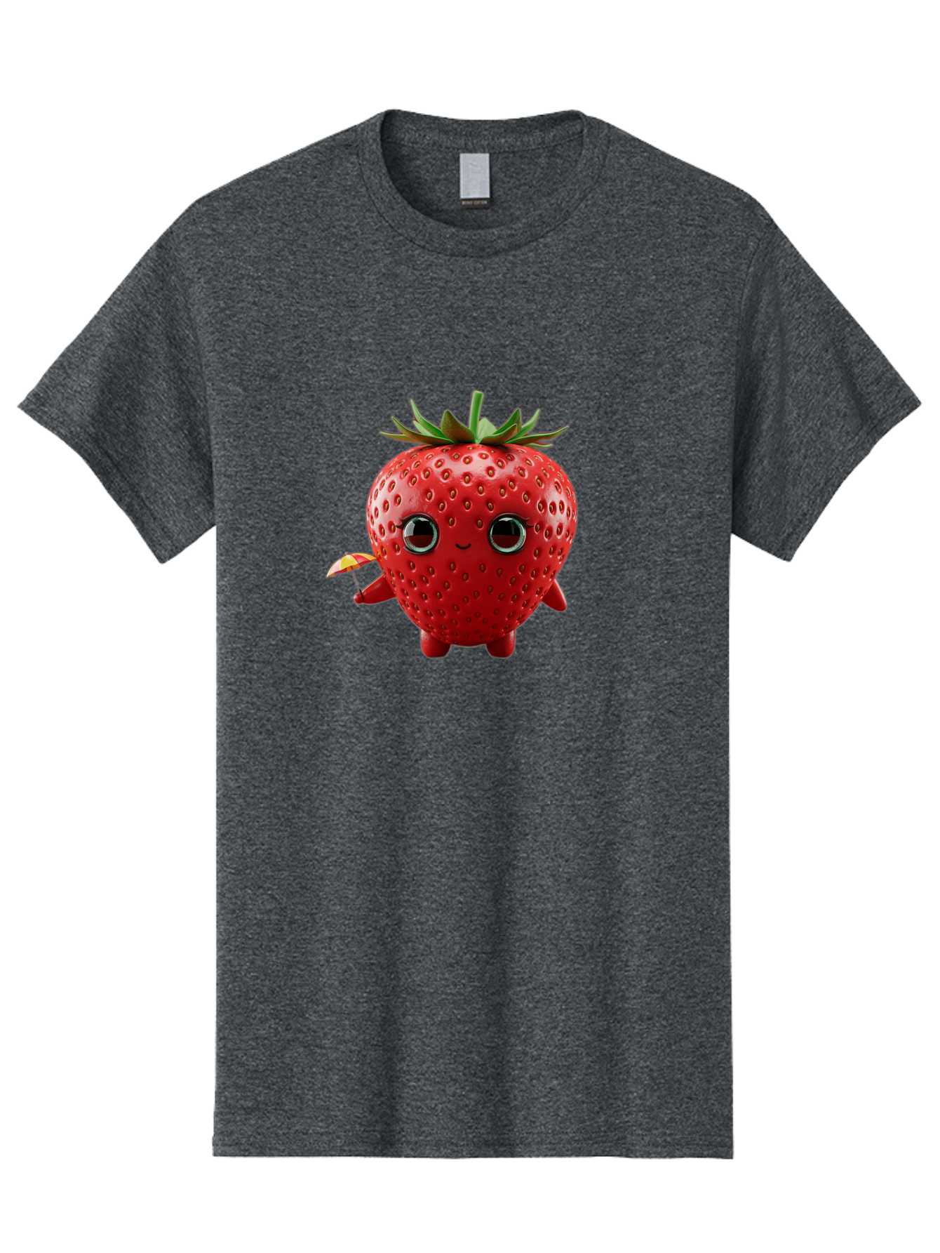 Smiling-Strawberry-1 Men'S Graphic Tee, 100% Cotton, Comfortable Casual Summer Wear, Machine Washable, Cartoon Strawberry Character, Smiling Face, Cute And Playful, Holding A Red And Yellow Umbrella, Kawaii Fruit, Adorable Animation, Bac431