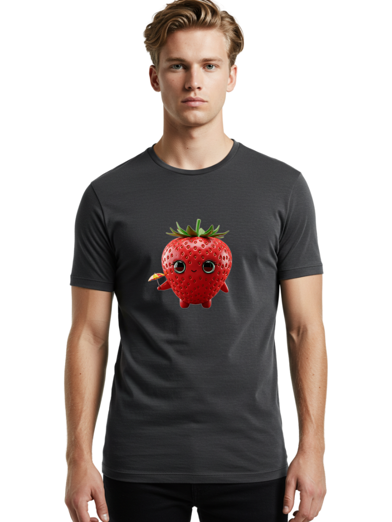 Smiling-Strawberry-1 Men'S Graphic Tee, 100% Cotton, Comfortable Casual Summer Wear, Machine Washable, Cartoon Strawberry Character, Smiling Face, Cute And Playful, Holding A Red And Yellow Umbrella, Kawaii Fruit, Adorable Animation, Bac431