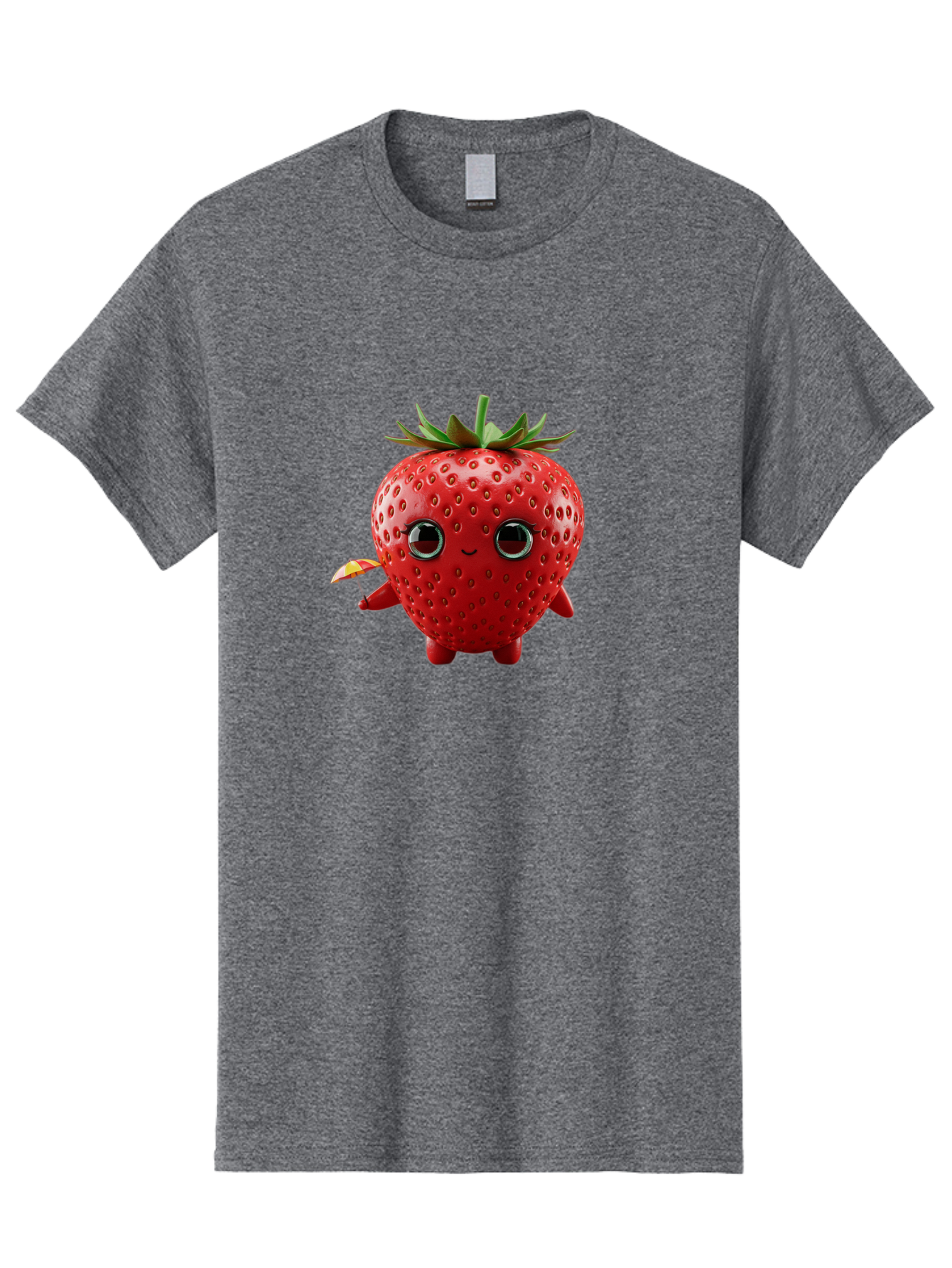 Smiling-Strawberry-1 Men'S Graphic Tee, 100% Cotton, Comfortable Casual Summer Wear, Machine Washable, Cartoon Strawberry Character, Smiling Face, Cute And Playful, Holding A Red And Yellow Umbrella, Kawaii Fruit, Adorable Animation, Bac431
