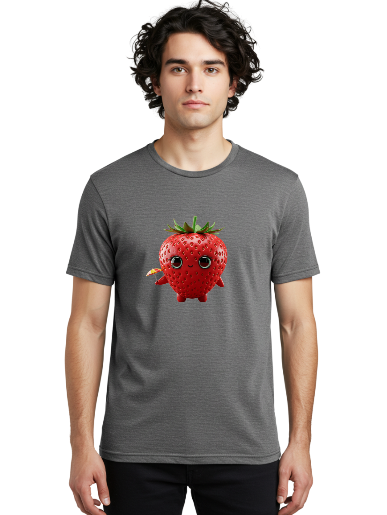 Smiling-Strawberry-1 Men'S Graphic Tee, 100% Cotton, Comfortable Casual Summer Wear, Machine Washable, Cartoon Strawberry Character, Smiling Face, Cute And Playful, Holding A Red And Yellow Umbrella, Kawaii Fruit, Adorable Animation, Bac431