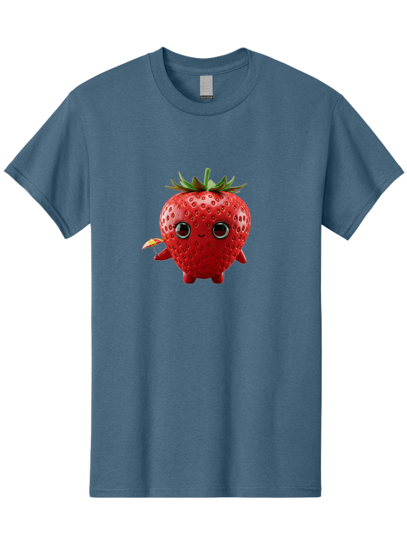 Smiling-Strawberry-1 Men'S Graphic Tee, 100% Cotton, Comfortable Casual Summer Wear, Machine Washable, Cartoon Strawberry Character, Smiling Face, Cute And Playful, Holding A Red And Yellow Umbrella, Kawaii Fruit, Adorable Animation, Bac431