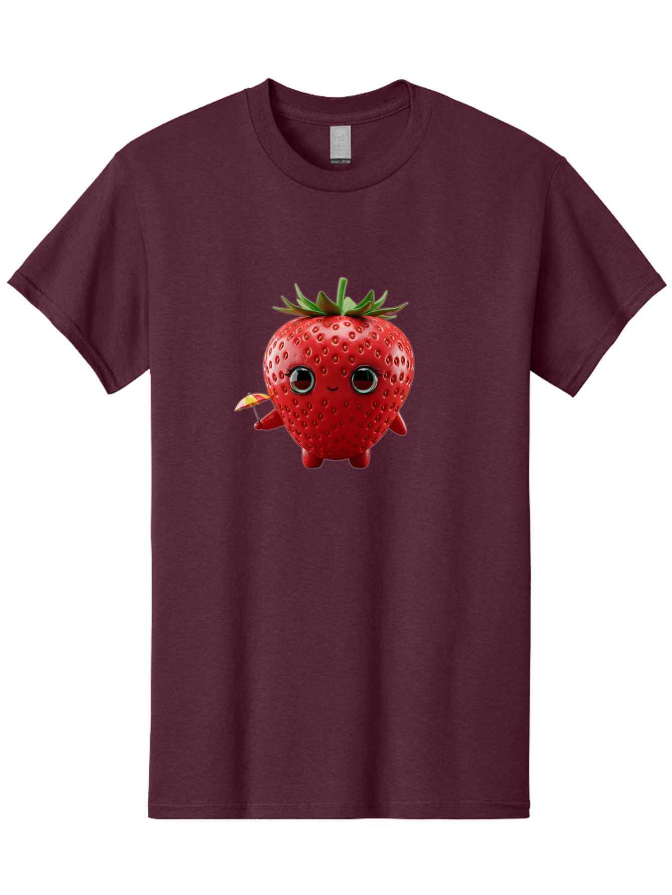 Smiling-Strawberry-1 Men'S Graphic Tee, 100% Cotton, Comfortable Casual Summer Wear, Machine Washable, Cartoon Strawberry Character, Smiling Face, Cute And Playful, Holding A Red And Yellow Umbrella, Kawaii Fruit, Adorable Animation, Bac431