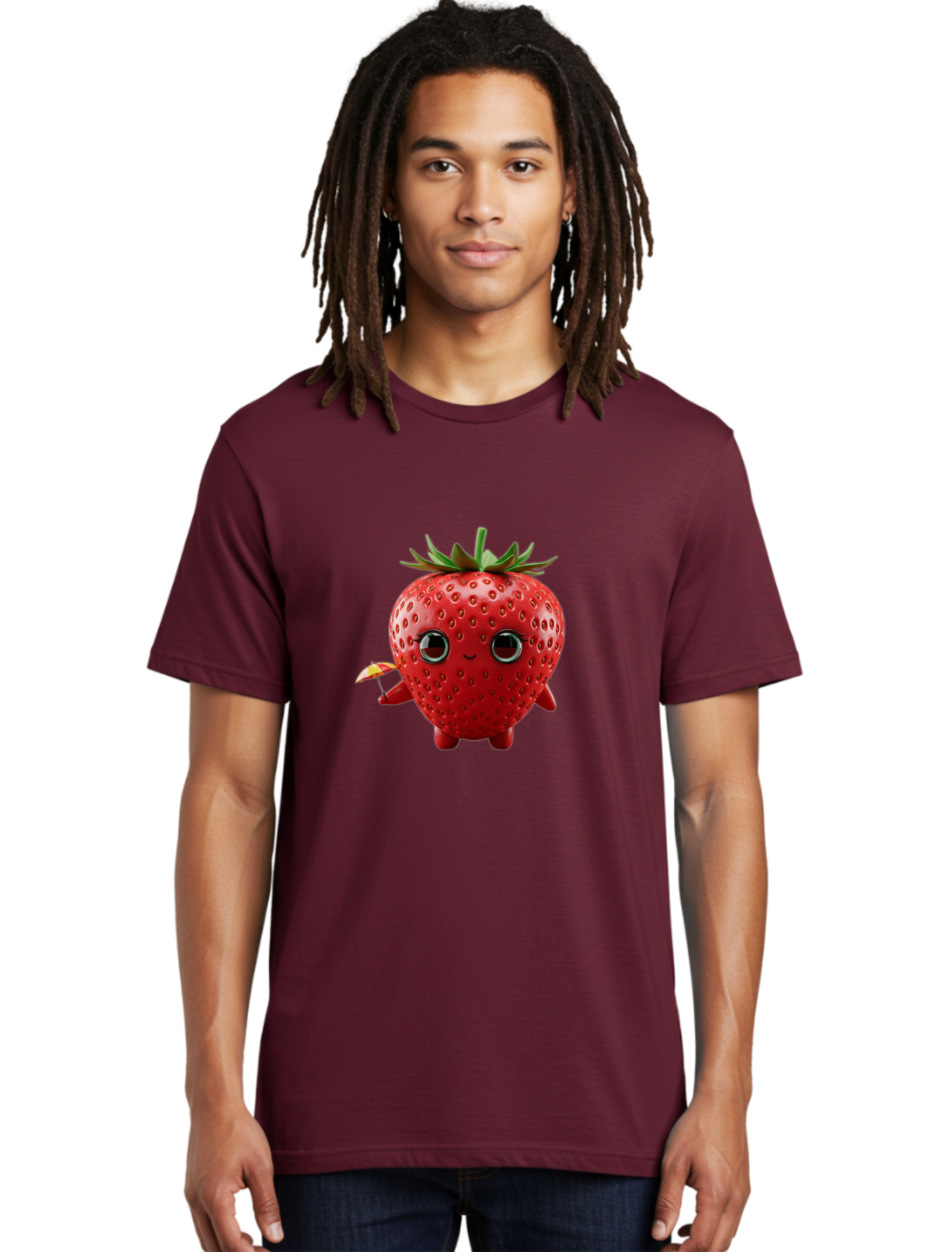 Smiling-Strawberry-1 Men'S Graphic Tee, 100% Cotton, Comfortable Casual Summer Wear, Machine Washable, Cartoon Strawberry Character, Smiling Face, Cute And Playful, Holding A Red And Yellow Umbrella, Kawaii Fruit, Adorable Animation, Bac431
