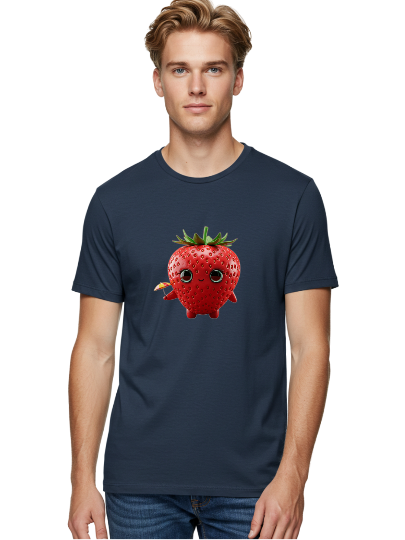 Smiling-Strawberry-1 Men'S Graphic Tee, 100% Cotton, Comfortable Casual Summer Wear, Machine Washable, Cartoon Strawberry Character, Smiling Face, Cute And Playful, Holding A Red And Yellow Umbrella, Kawaii Fruit, Adorable Animation, Bac431