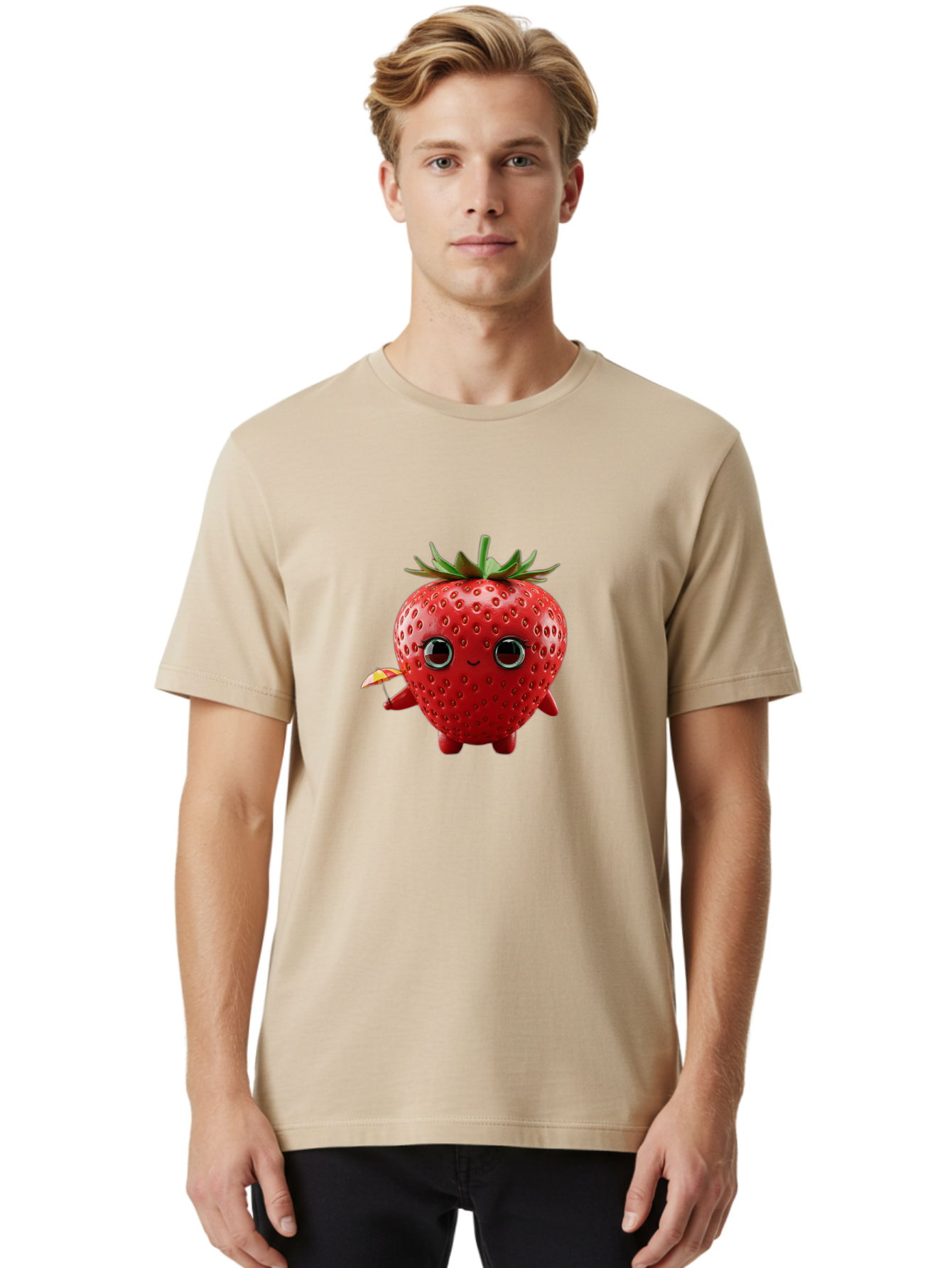 Smiling-Strawberry-1 Men'S Graphic Tee, 100% Cotton, Comfortable Casual Summer Wear, Machine Washable, Cartoon Strawberry Character, Smiling Face, Cute And Playful, Holding A Red And Yellow Umbrella, Kawaii Fruit, Adorable Animation, Bac431