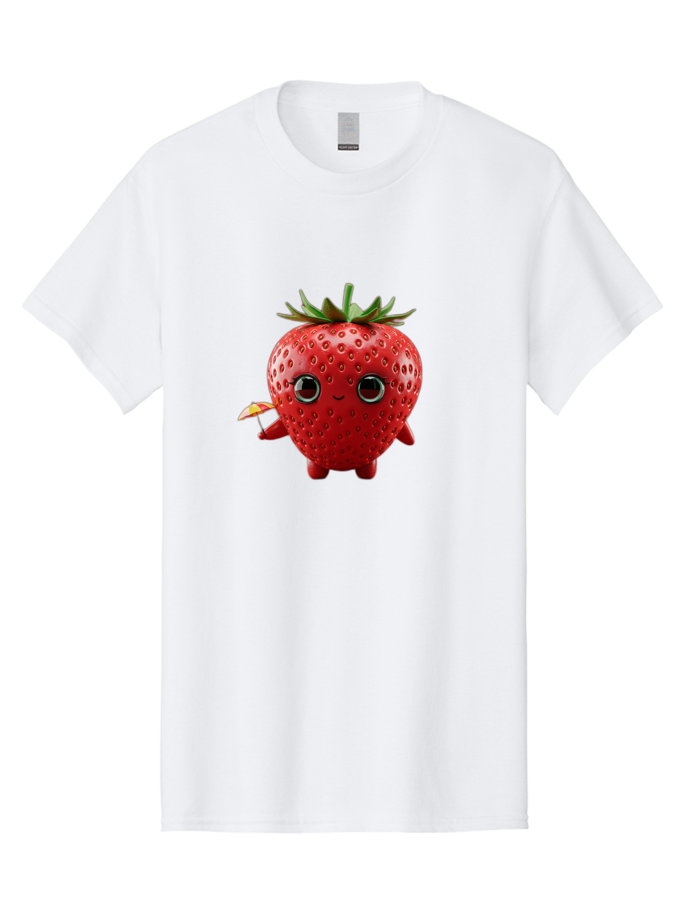 Smiling-Strawberry-1 Men'S Graphic Tee, 100% Cotton, Comfortable Casual Summer Wear, Machine Washable, Cartoon Strawberry Character, Smiling Face, Cute And Playful, Holding A Red And Yellow Umbrella, Kawaii Fruit, Adorable Animation, Bac431