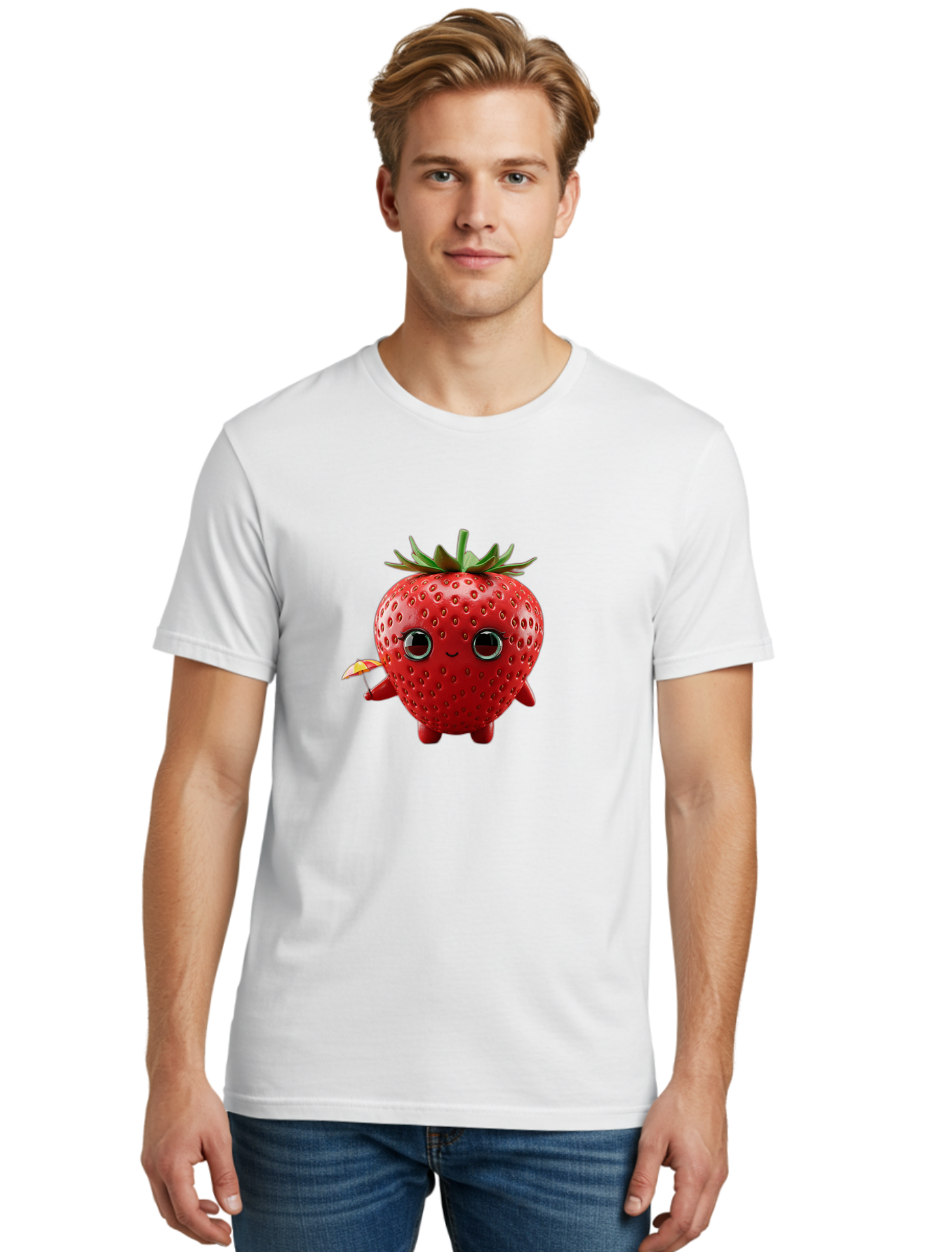 Smiling-Strawberry-1 Men'S Graphic Tee, 100% Cotton, Comfortable Casual Summer Wear, Machine Washable, Cartoon Strawberry Character, Smiling Face, Cute And Playful, Holding A Red And Yellow Umbrella, Kawaii Fruit, Adorable Animation, Bac431