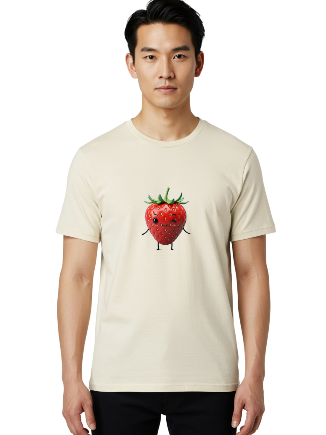Smiling-Strawberry Men'S Graphic Tee, 100% Cotton, Comfortable Casual Summer Wear, Machine Washable, Cartoon Strawberry, Cute Fruit Character, Winking Face, Whimsical Design, Playful Personality, Sweet Illustration, Fun And Quirky, Bac432