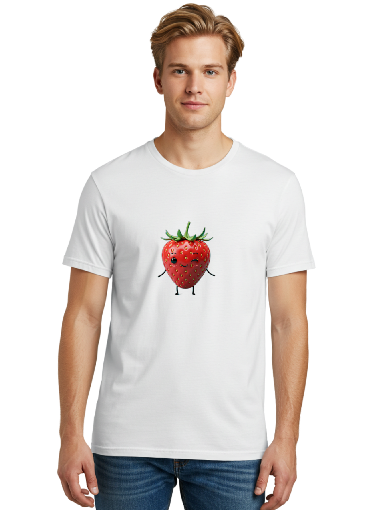 Smiling-Strawberry Men'S Graphic Tee, 100% Cotton, Comfortable Casual Summer Wear, Machine Washable, Cartoon Strawberry, Cute Fruit Character, Winking Face, Whimsical Design, Playful Personality, Sweet Illustration, Fun And Quirky, Bac432