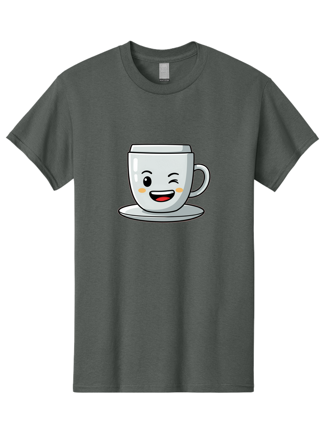 Smiling-Tea-Cup Men'S Graphic Tee, 100% Cotton, Comfortable Casual Summer Wear, Machine Washable, Cartoon Coffee Cup, Smiling Face, Happy Expression, Winking Eye, Red Lips, Kawaii Character, Tea Time, Morning Coffee Bac433