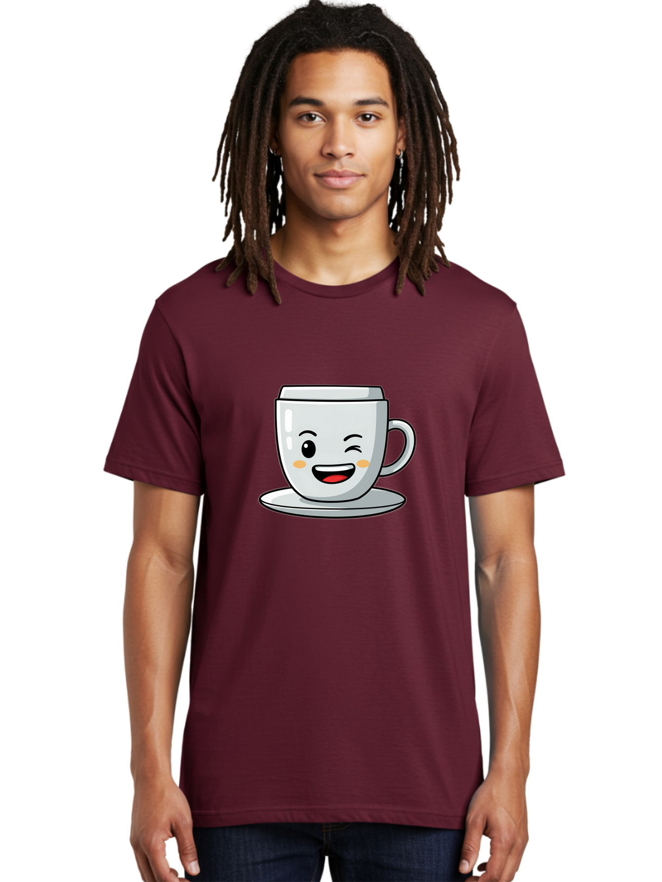 Smiling-Tea-Cup Men'S Graphic Tee, 100% Cotton, Comfortable Casual Summer Wear, Machine Washable, Cartoon Coffee Cup, Smiling Face, Happy Expression, Winking Eye, Red Lips, Kawaii Character, Tea Time, Morning Coffee Bac433