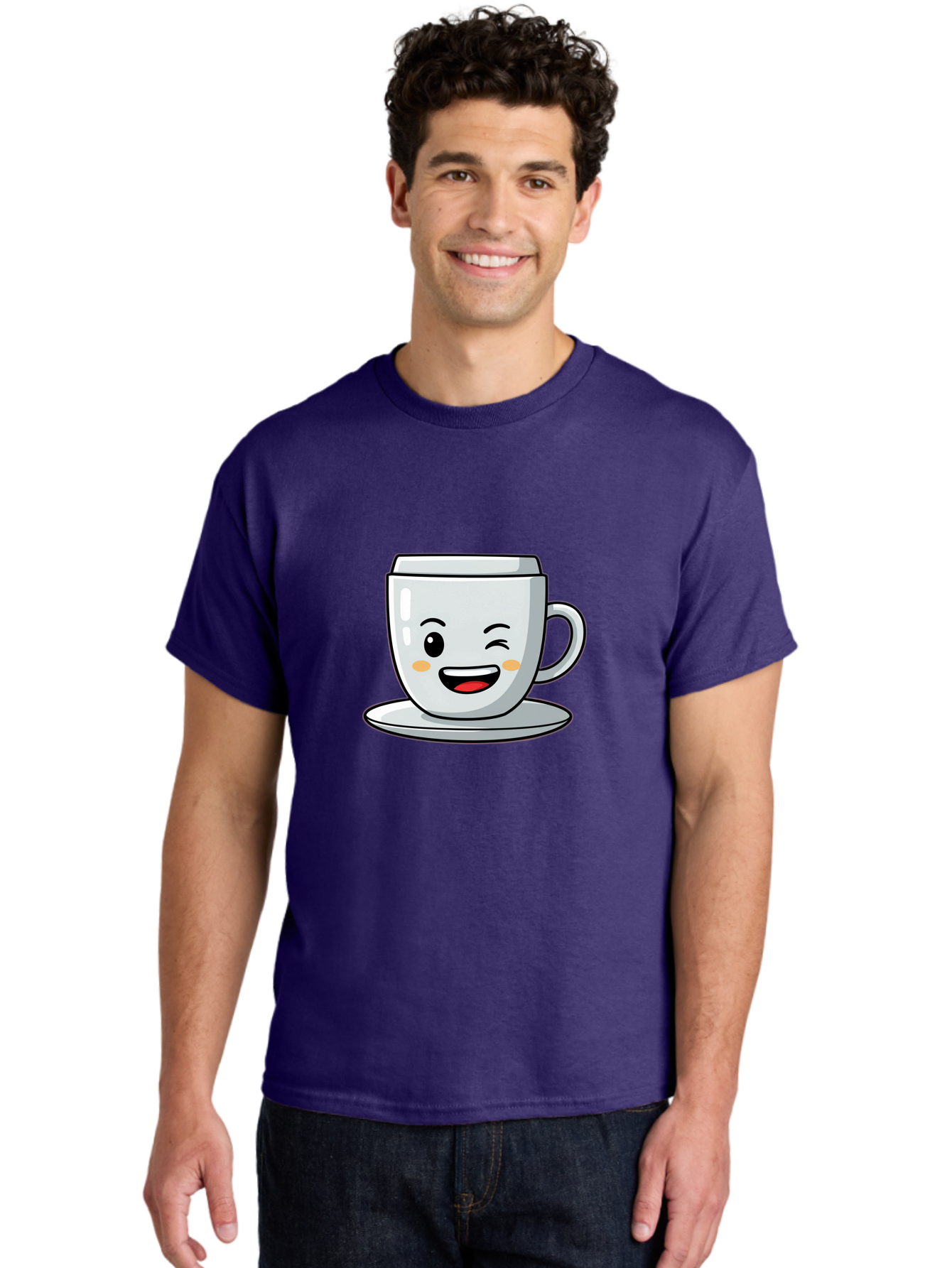 Smiling-Tea-Cup Men'S Graphic Tee, 100% Cotton, Comfortable Casual Summer Wear, Machine Washable, Cartoon Coffee Cup, Smiling Face, Happy Expression, Winking Eye, Red Lips, Kawaii Character, Tea Time, Morning Coffee Bac433