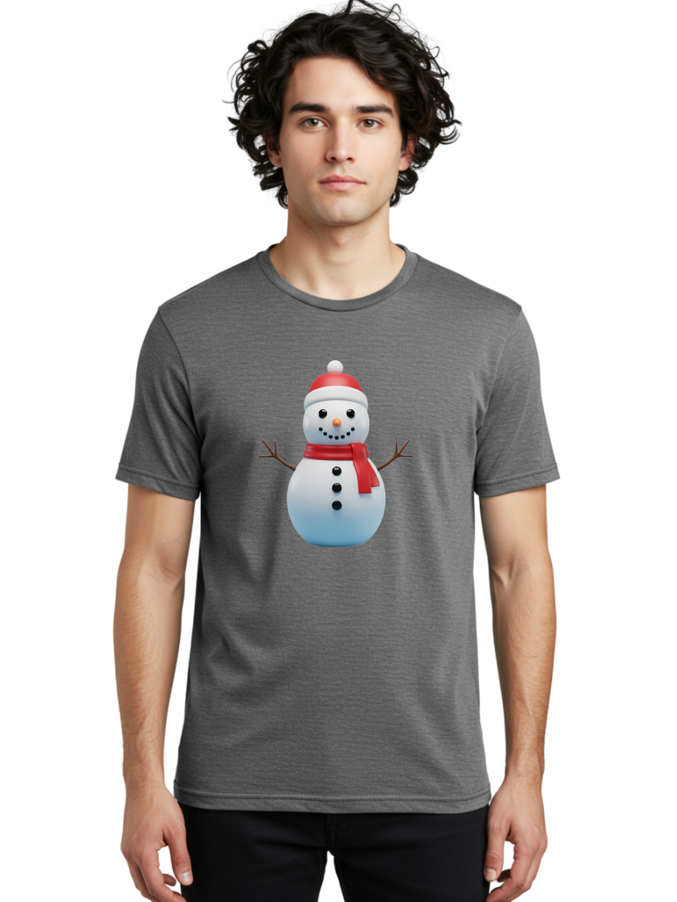 Snowman-1 Men'S Graphic Tee, 100% Cotton, Comfortable Casual Summer Wear, Machine Washable, 3D Snowman, Winter Character, Festive Holiday, Red Scarf, Santa Hat, Cartoon Style, Smiling Face, Stick Arms, Black Buttons, Orange Nose, Bac437