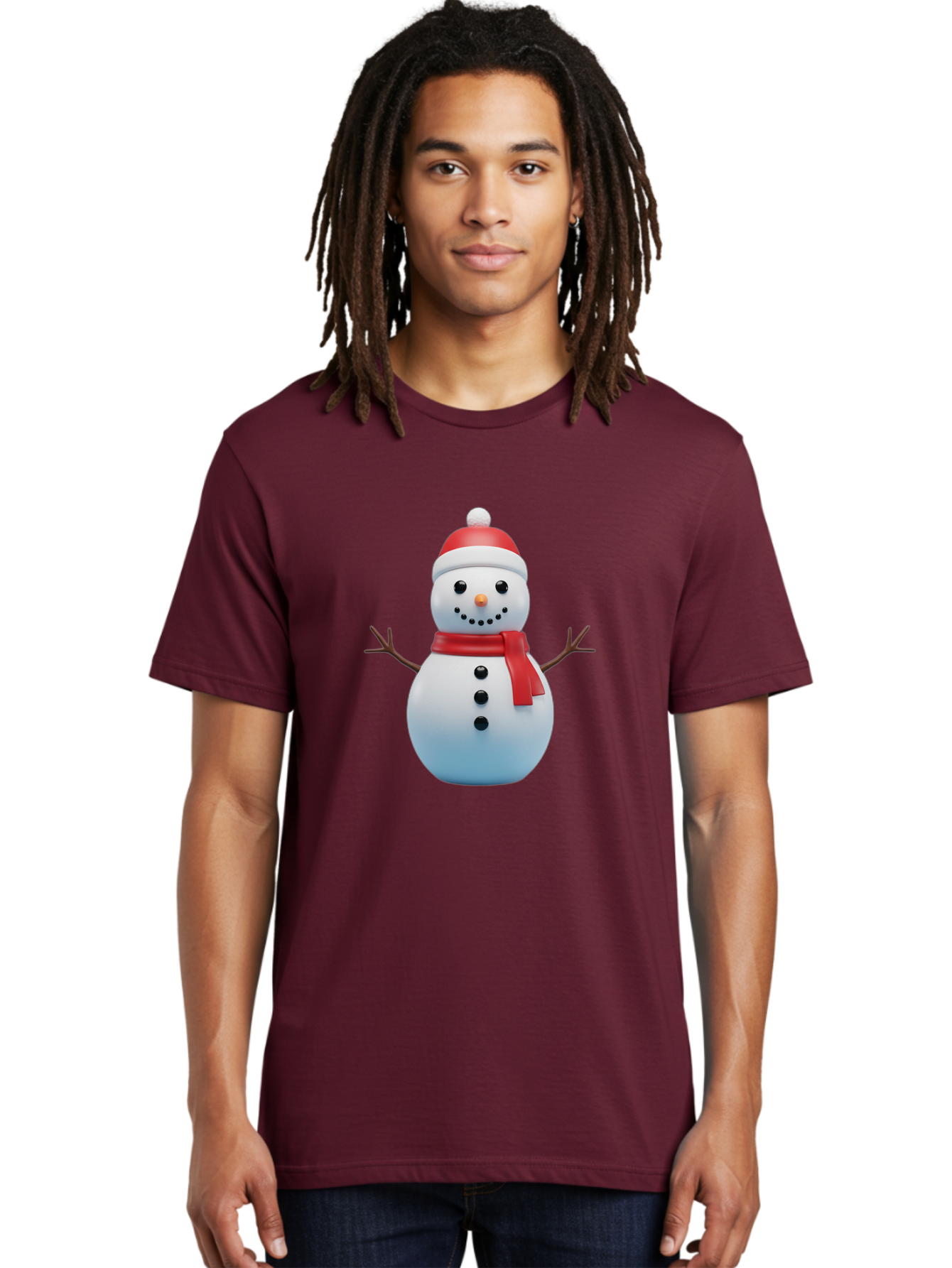 Snowman-1 Men'S Graphic Tee, 100% Cotton, Comfortable Casual Summer Wear, Machine Washable, 3D Snowman, Winter Character, Festive Holiday, Red Scarf, Santa Hat, Cartoon Style, Smiling Face, Stick Arms, Black Buttons, Orange Nose, Bac437