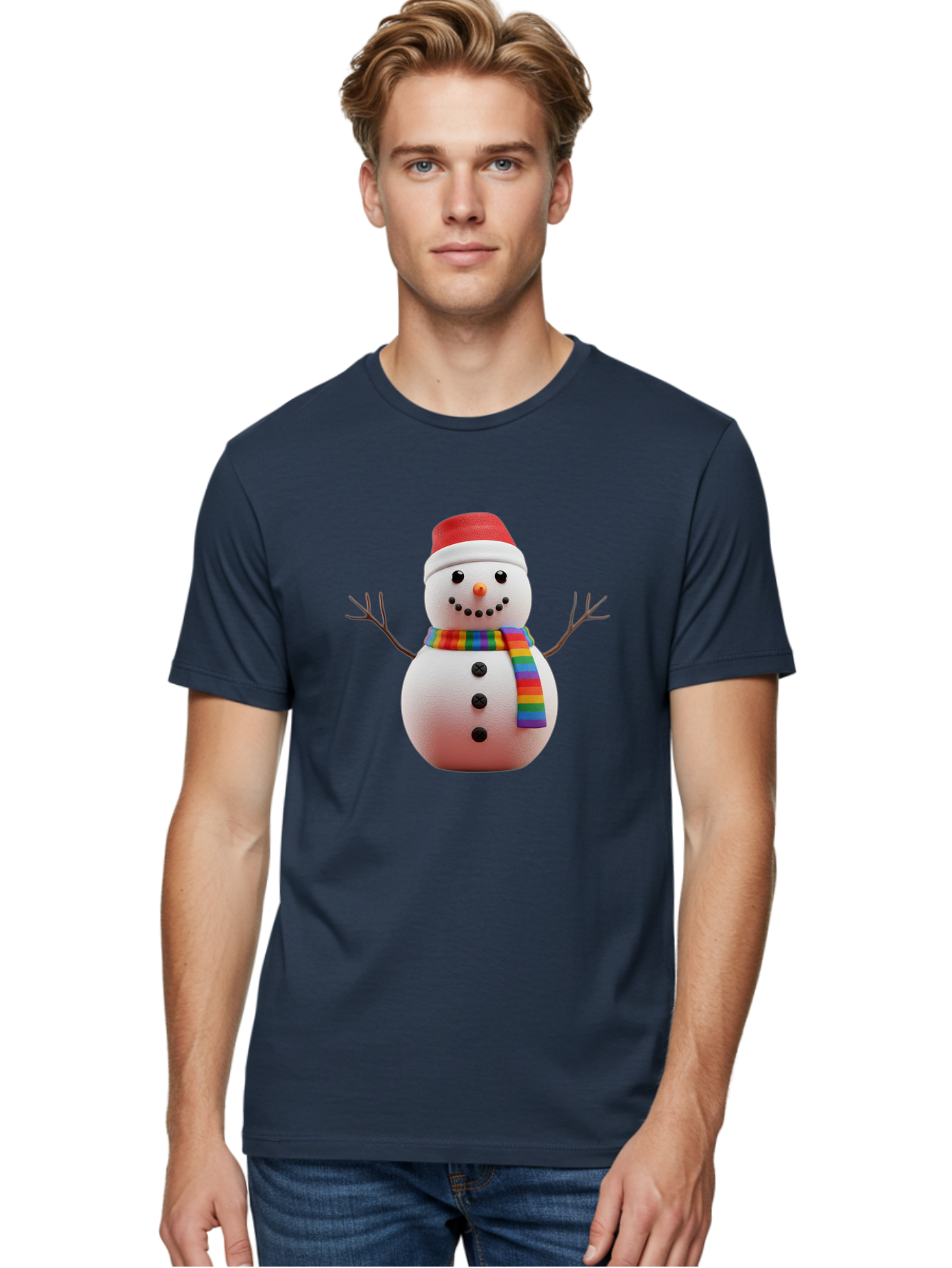 Snowman-2 Men'S Graphic Tee, 100% Cotton, Comfortable Casual Summer Wear, Machine Washable, Snowman With Rainbow Scarf, Christmas Decoration, Winter Wonderland, Festive Character, Holiday Cheer, Colorful Snowman, Winter Scene, Fun Snowman, Bac438