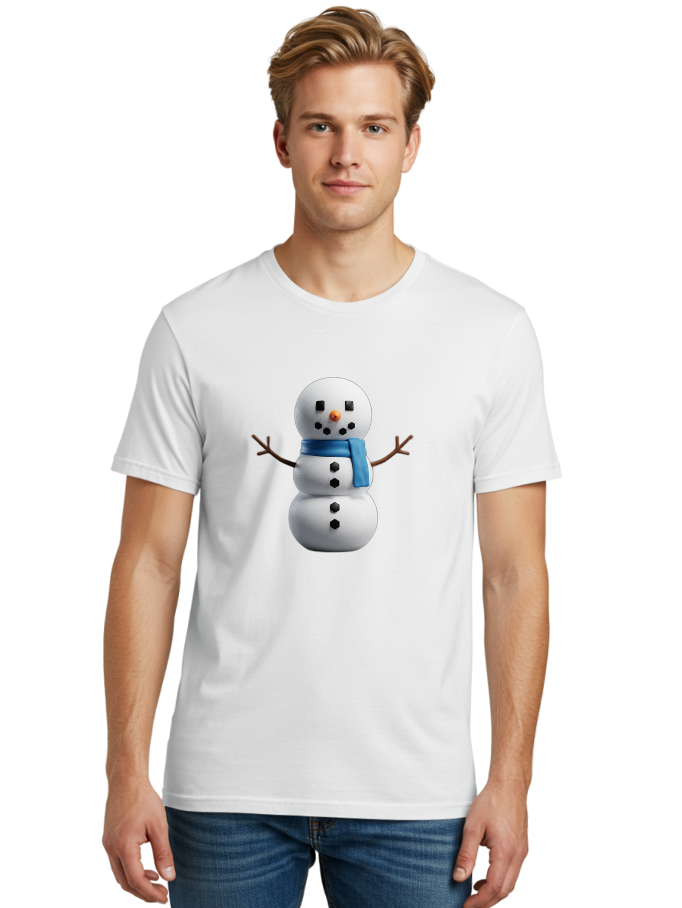 Snowman-3 Men'S Graphic Tee, 100% Cotton, Comfortable Casual Summer Wear, Machine Washable, Snowman With Blue Scarf, Winter Wonderland, Festive Season, Christmas Character, Snow Figure, Holiday Icon, 3D Snowman, Winter Decoration, Bac439