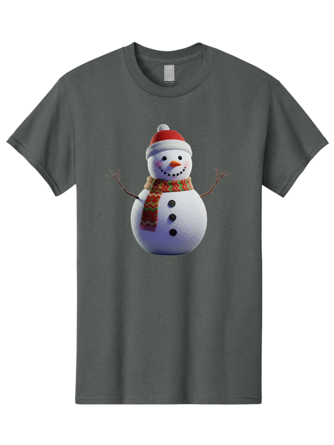Snowman-4 Men'S Graphic Tee, 100% Cotton, Comfortable Casual Summer Wear, Machine Washable, Snowman Wearing Santa Hat, Red And Green Chevron Scarf, Three Black Buttons, Carrot Nose, Rosy Cheeks, Winter Wonderland, Festive Holiday Scene, Bac440