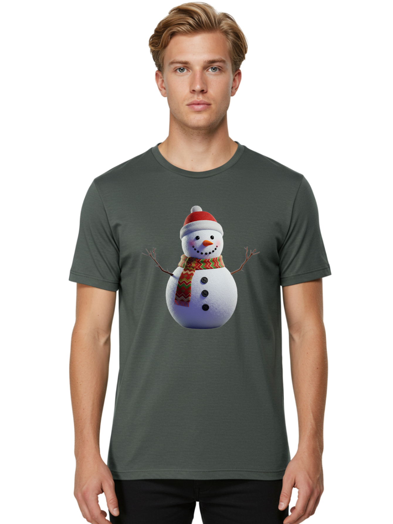 Snowman-4 Men'S Graphic Tee, 100% Cotton, Comfortable Casual Summer Wear, Machine Washable, Snowman Wearing Santa Hat, Red And Green Chevron Scarf, Three Black Buttons, Carrot Nose, Rosy Cheeks, Winter Wonderland, Festive Holiday Scene, Bac440