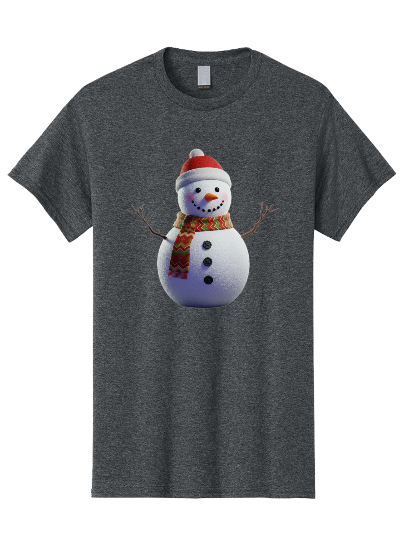Snowman-4 Men'S Graphic Tee, 100% Cotton, Comfortable Casual Summer Wear, Machine Washable, Snowman Wearing Santa Hat, Red And Green Chevron Scarf, Three Black Buttons, Carrot Nose, Rosy Cheeks, Winter Wonderland, Festive Holiday Scene, Bac440