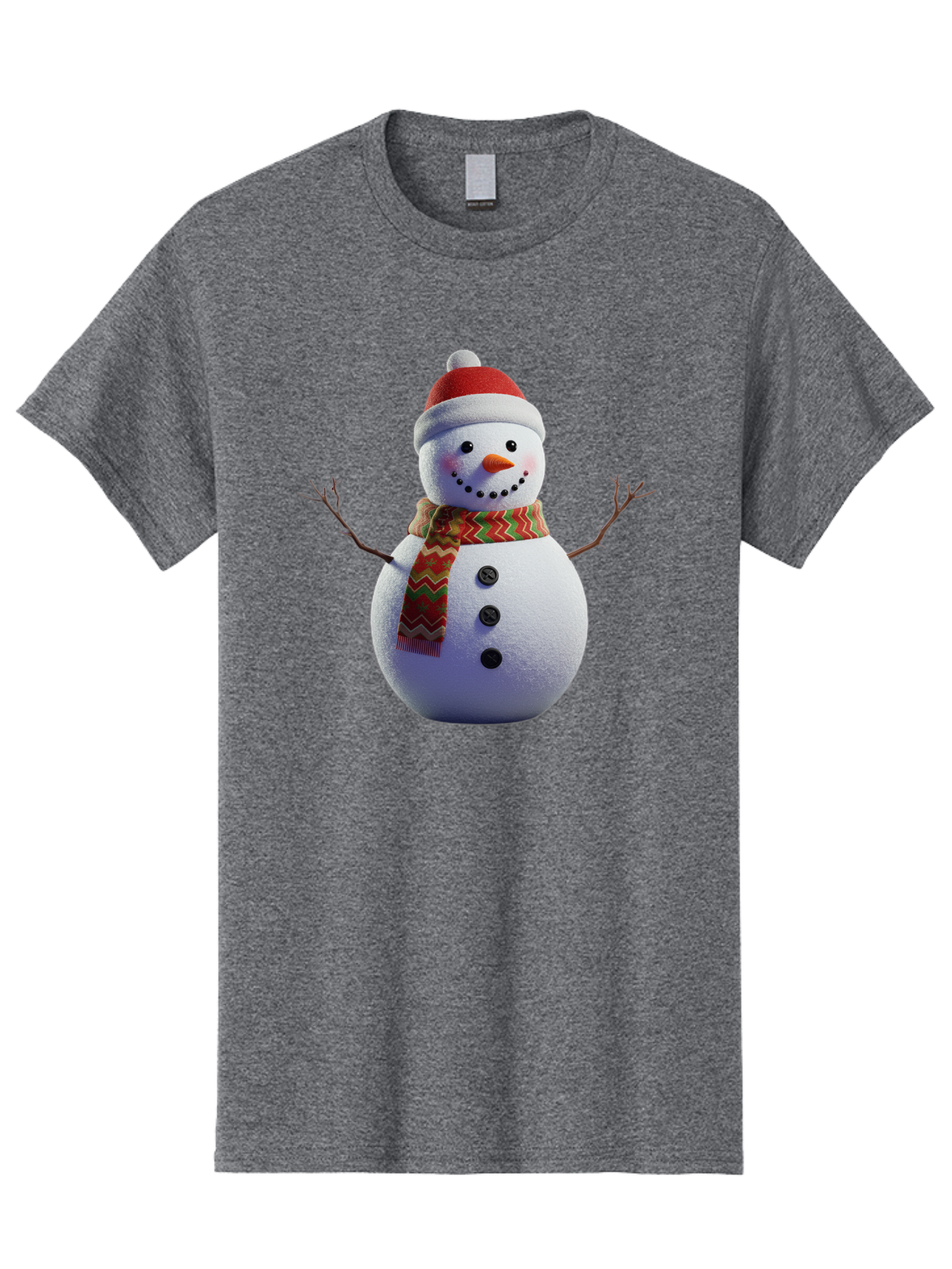 Snowman-4 Men'S Graphic Tee, 100% Cotton, Comfortable Casual Summer Wear, Machine Washable, Snowman Wearing Santa Hat, Red And Green Chevron Scarf, Three Black Buttons, Carrot Nose, Rosy Cheeks, Winter Wonderland, Festive Holiday Scene, Bac440
