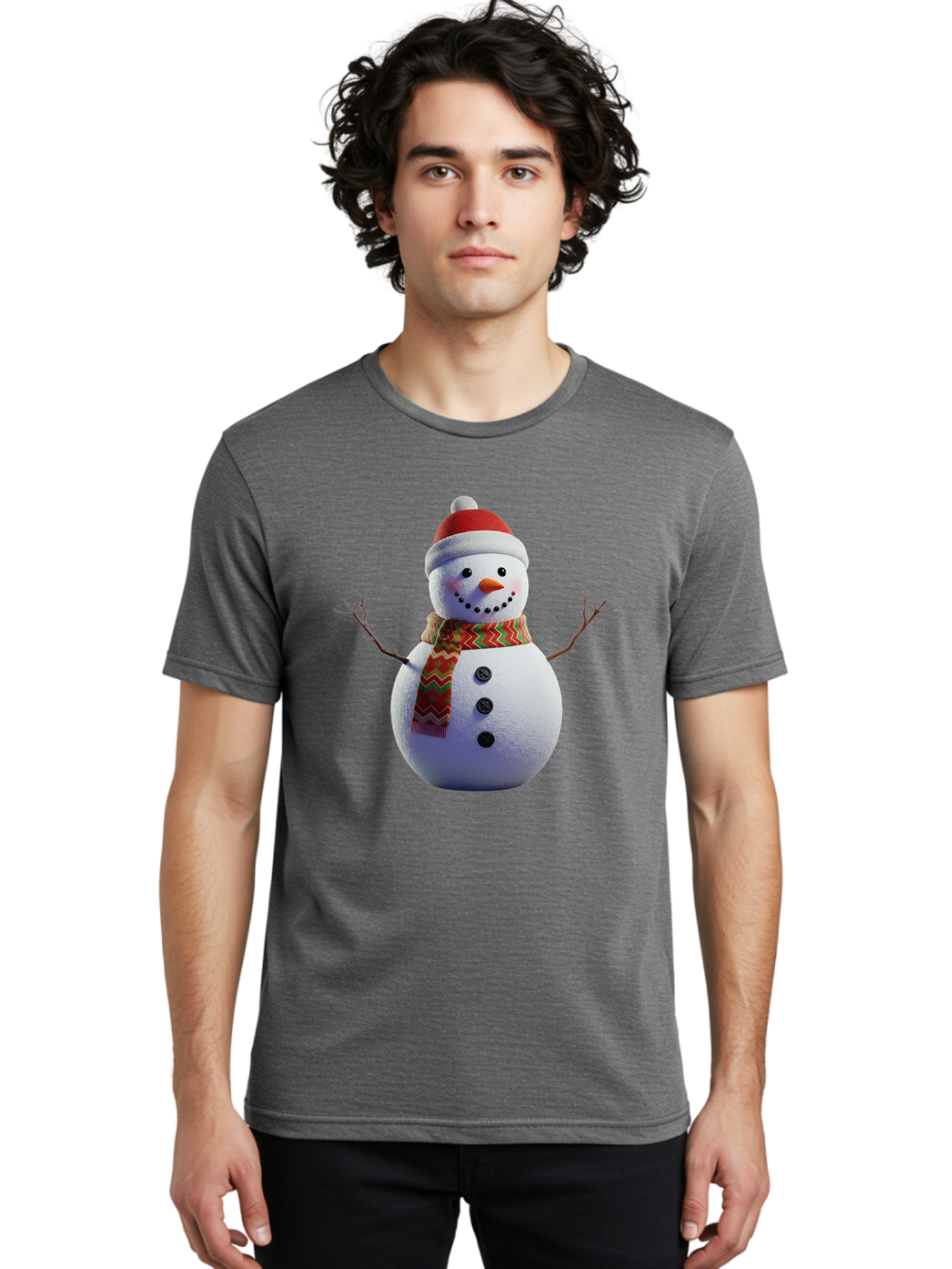 Snowman-4 Men'S Graphic Tee, 100% Cotton, Comfortable Casual Summer Wear, Machine Washable, Snowman Wearing Santa Hat, Red And Green Chevron Scarf, Three Black Buttons, Carrot Nose, Rosy Cheeks, Winter Wonderland, Festive Holiday Scene, Bac440