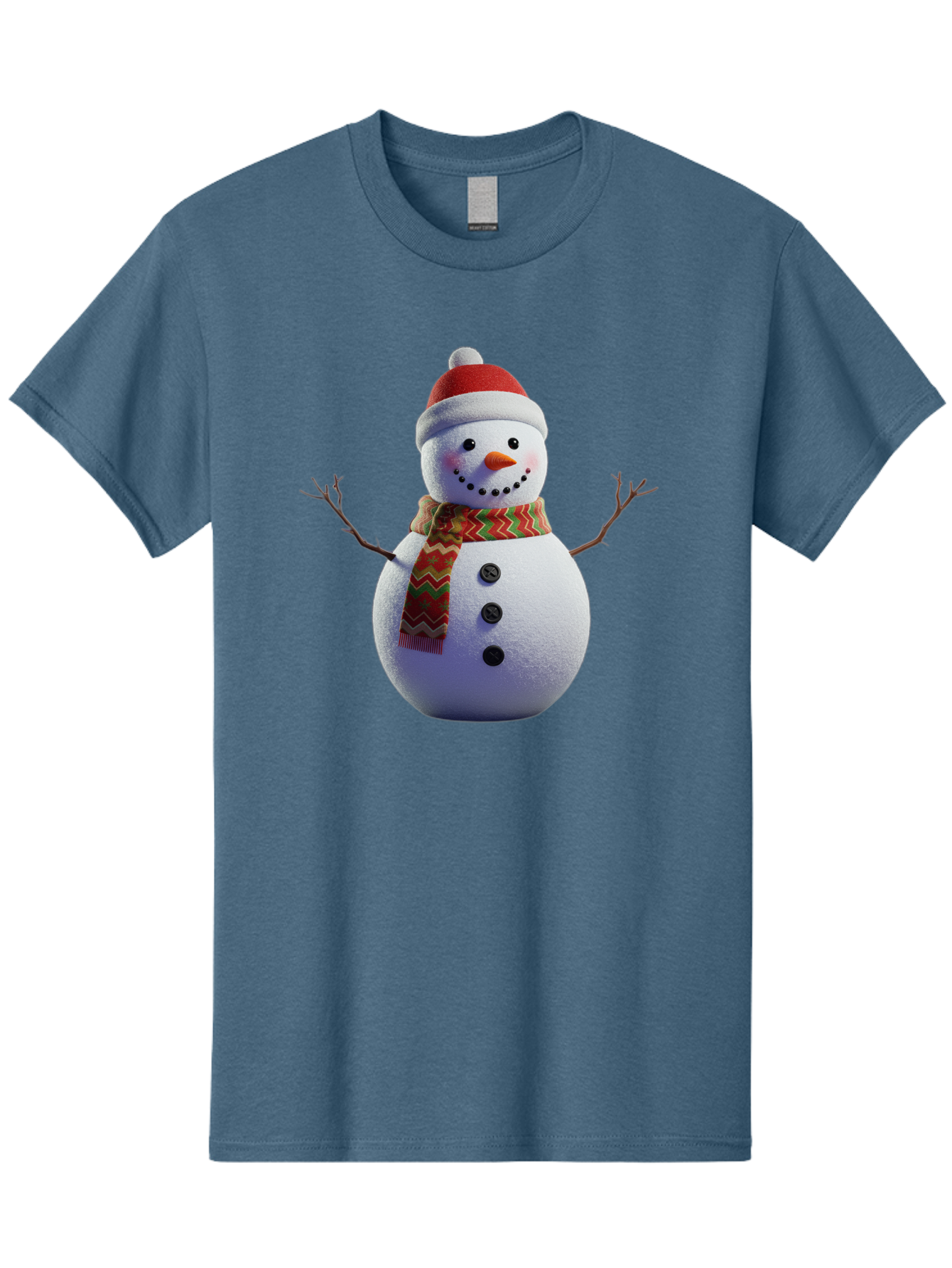 Snowman-4 Men'S Graphic Tee, 100% Cotton, Comfortable Casual Summer Wear, Machine Washable, Snowman Wearing Santa Hat, Red And Green Chevron Scarf, Three Black Buttons, Carrot Nose, Rosy Cheeks, Winter Wonderland, Festive Holiday Scene, Bac440