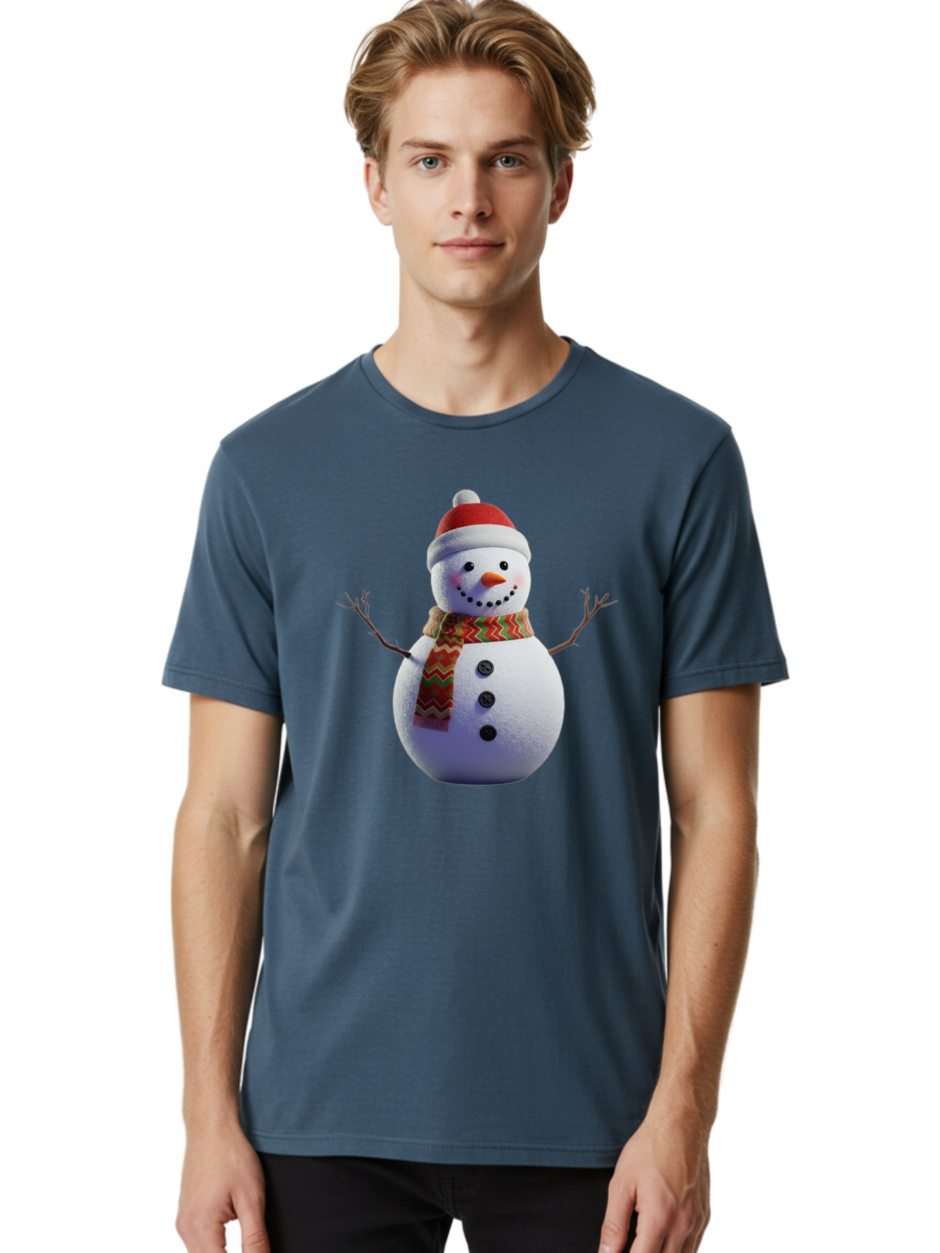 Snowman-4 Men'S Graphic Tee, 100% Cotton, Comfortable Casual Summer Wear, Machine Washable, Snowman Wearing Santa Hat, Red And Green Chevron Scarf, Three Black Buttons, Carrot Nose, Rosy Cheeks, Winter Wonderland, Festive Holiday Scene, Bac440