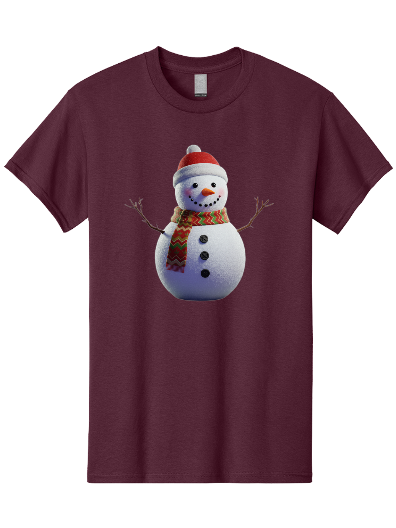 Snowman-4 Men'S Graphic Tee, 100% Cotton, Comfortable Casual Summer Wear, Machine Washable, Snowman Wearing Santa Hat, Red And Green Chevron Scarf, Three Black Buttons, Carrot Nose, Rosy Cheeks, Winter Wonderland, Festive Holiday Scene, Bac440