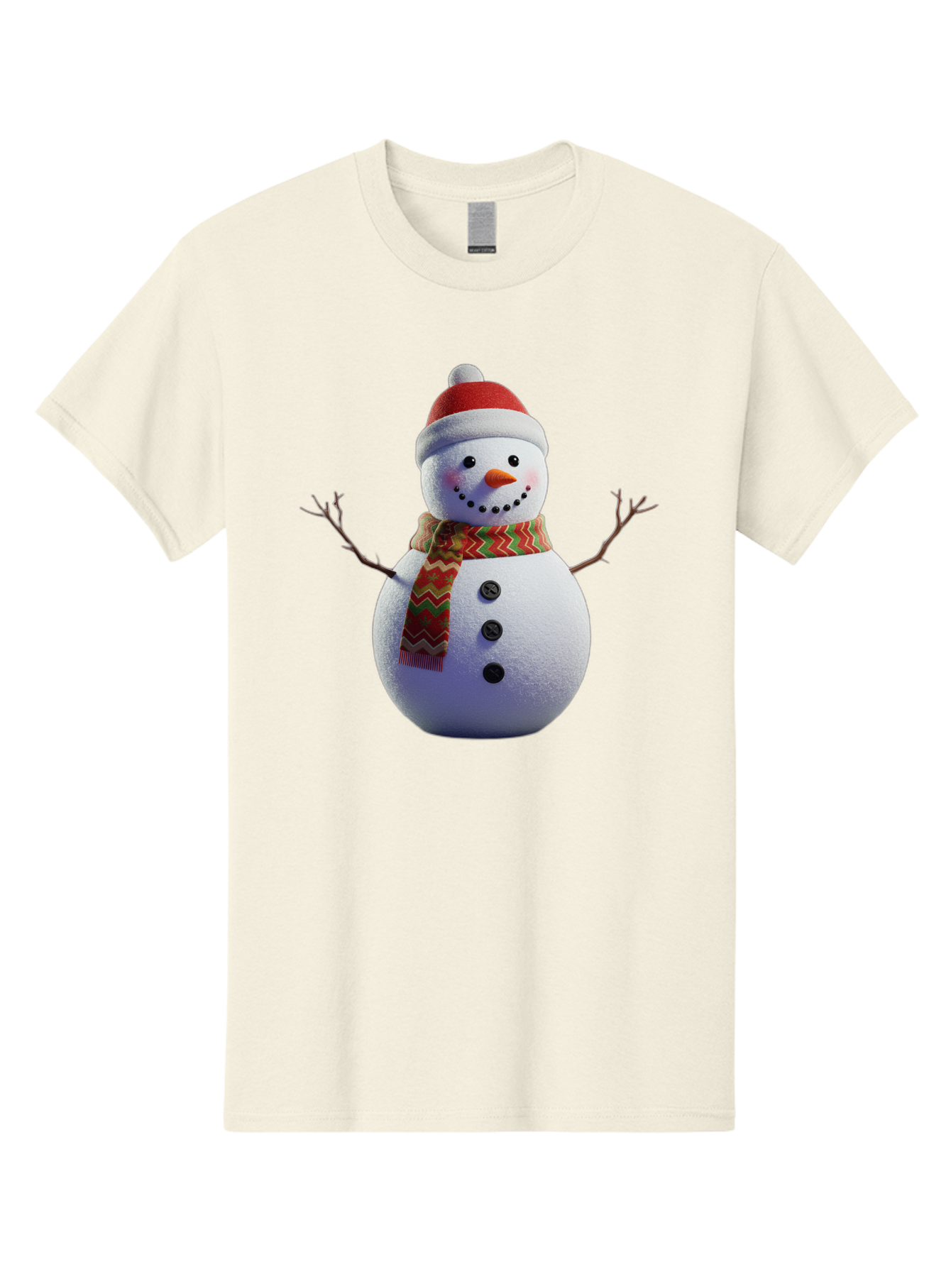 Snowman-4 Men'S Graphic Tee, 100% Cotton, Comfortable Casual Summer Wear, Machine Washable, Snowman Wearing Santa Hat, Red And Green Chevron Scarf, Three Black Buttons, Carrot Nose, Rosy Cheeks, Winter Wonderland, Festive Holiday Scene, Bac440
