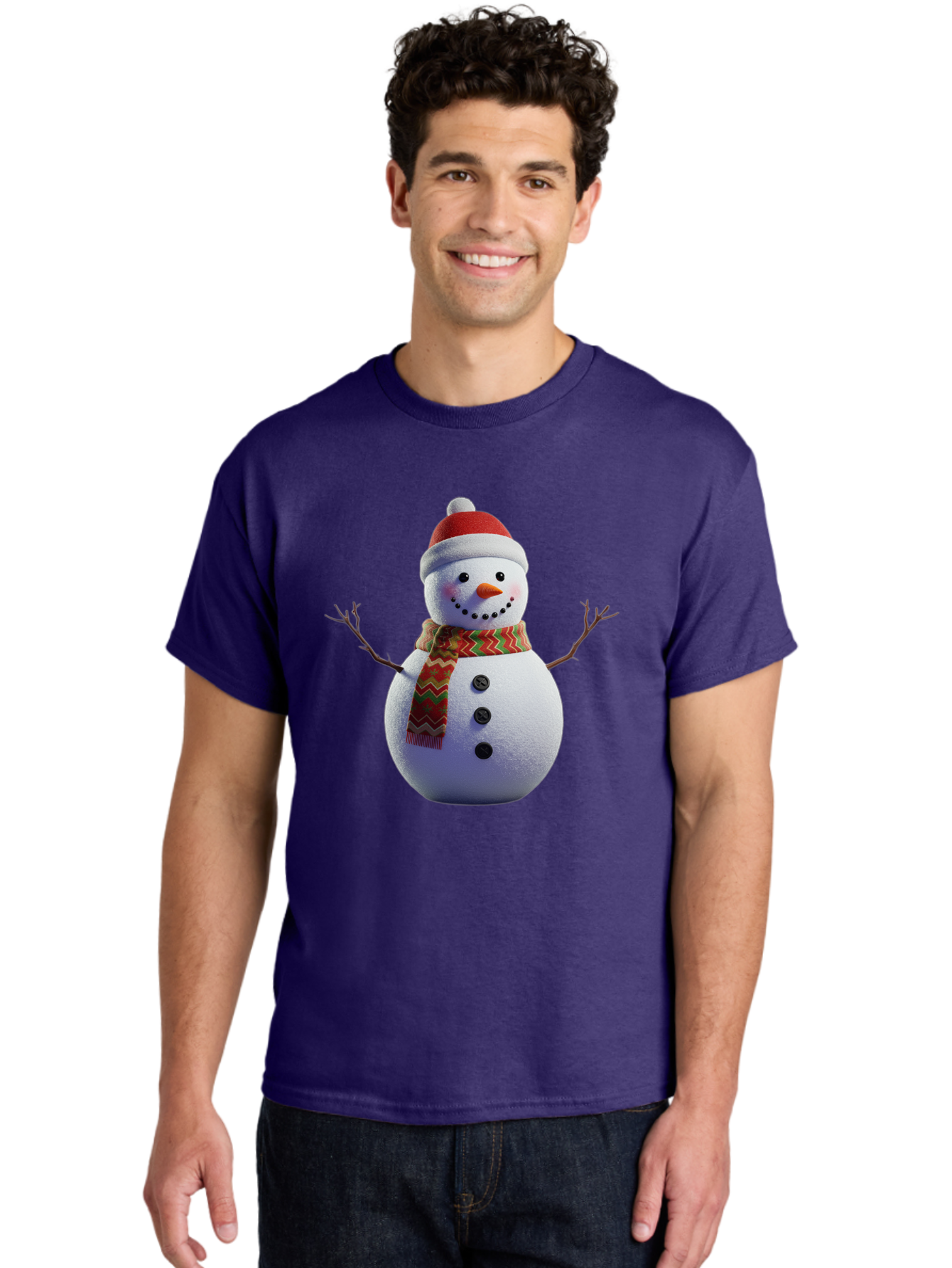 Snowman-4 Men'S Graphic Tee, 100% Cotton, Comfortable Casual Summer Wear, Machine Washable, Snowman Wearing Santa Hat, Red And Green Chevron Scarf, Three Black Buttons, Carrot Nose, Rosy Cheeks, Winter Wonderland, Festive Holiday Scene, Bac440