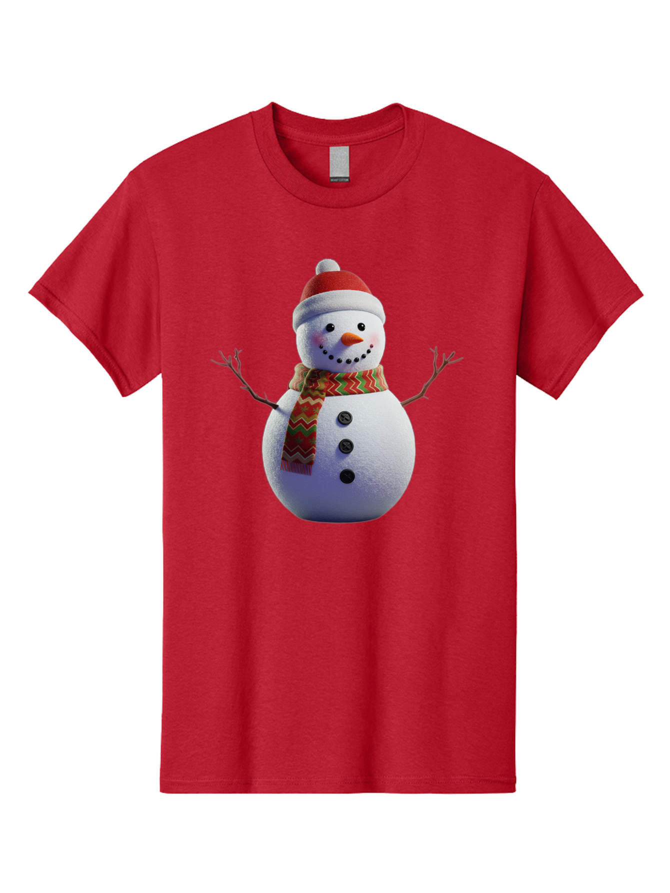 Snowman-4 Men'S Graphic Tee, 100% Cotton, Comfortable Casual Summer Wear, Machine Washable, Snowman Wearing Santa Hat, Red And Green Chevron Scarf, Three Black Buttons, Carrot Nose, Rosy Cheeks, Winter Wonderland, Festive Holiday Scene, Bac440