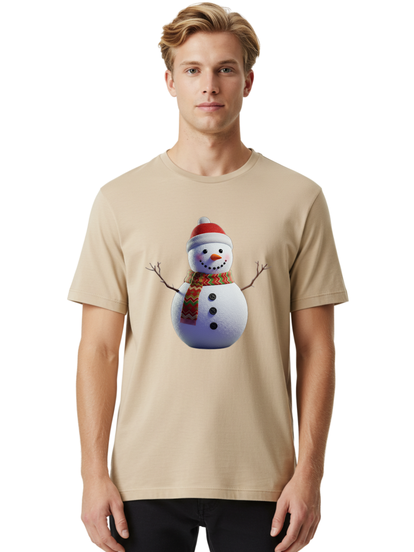 Snowman-4 Men'S Graphic Tee, 100% Cotton, Comfortable Casual Summer Wear, Machine Washable, Snowman Wearing Santa Hat, Red And Green Chevron Scarf, Three Black Buttons, Carrot Nose, Rosy Cheeks, Winter Wonderland, Festive Holiday Scene, Bac440
