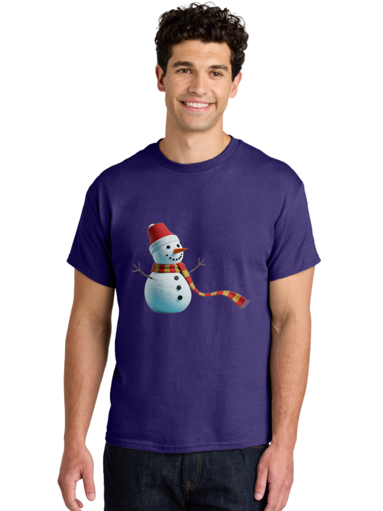 Snowman-6 Men'S Graphic Tee, 100% Cotton, Comfortable Casual Summer Wear, Machine Washable, Snowman Wearing Red Hat, Red And Yellow Scarf, Black Buttons, Carrot Nose, Festive Winter Decor, Holiday Character, Christmas Theme, Winter Wonderland, Bac442