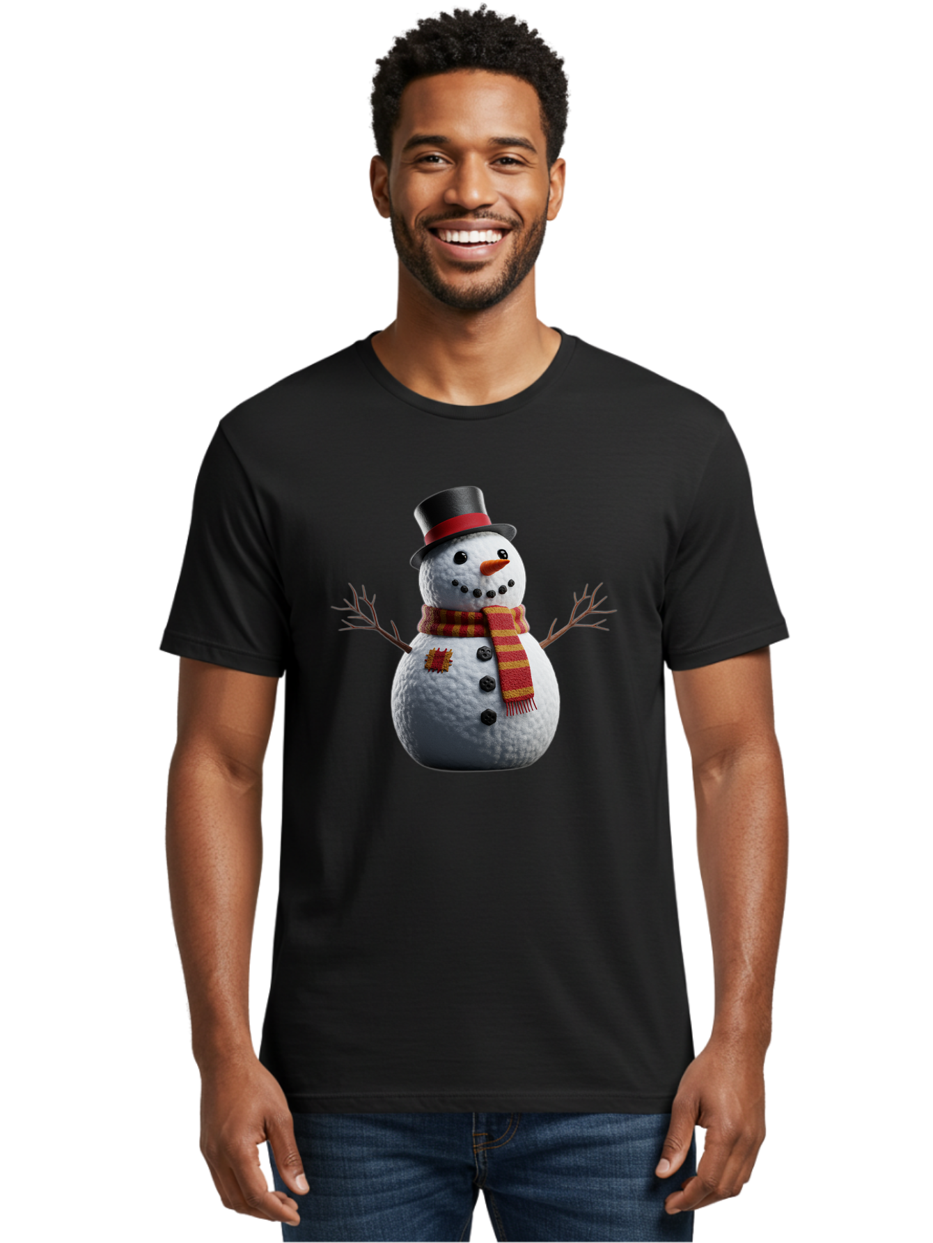 Snowman-In-Top-Hat Men'S Graphic Tee, 100% Cotton, Comfortable Casual Summer Wear, Machine Washable, Snowman With Top Hat, Red And Yellow Striped Scarf, Carrot Nose, Coal Eyes, Festive Winter Character, Winter Holiday Season, Bac443