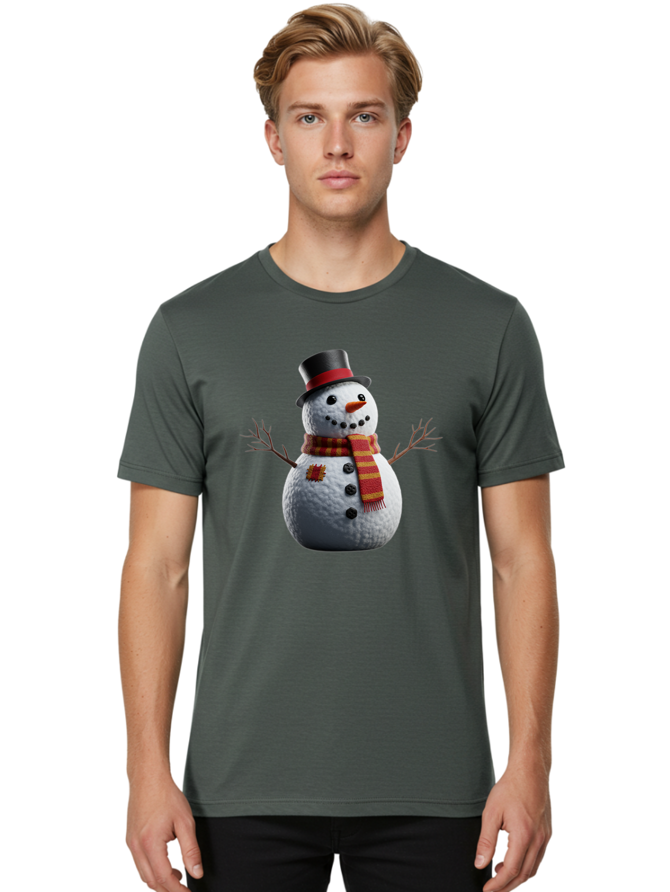 Snowman-In-Top-Hat Men'S Graphic Tee, 100% Cotton, Comfortable Casual Summer Wear, Machine Washable, Snowman With Top Hat, Red And Yellow Striped Scarf, Carrot Nose, Coal Eyes, Festive Winter Character, Winter Holiday Season, Bac443