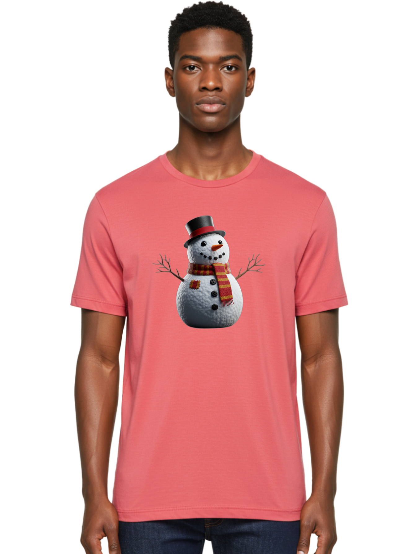 Snowman-In-Top-Hat Men'S Graphic Tee, 100% Cotton, Comfortable Casual Summer Wear, Machine Washable, Snowman With Top Hat, Red And Yellow Striped Scarf, Carrot Nose, Coal Eyes, Festive Winter Character, Winter Holiday Season, Bac443