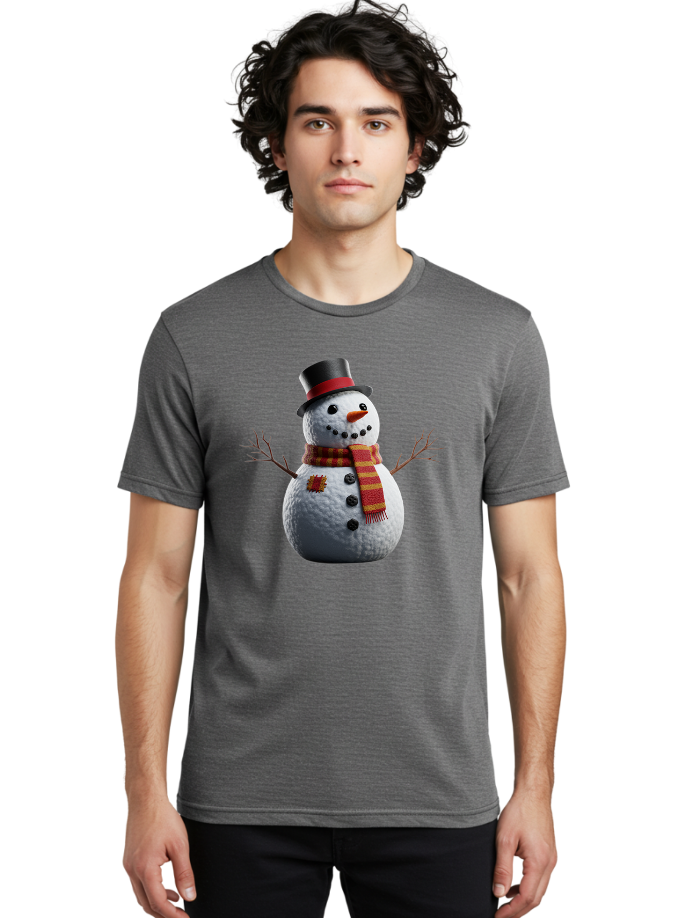 Snowman-In-Top-Hat Men'S Graphic Tee, 100% Cotton, Comfortable Casual Summer Wear, Machine Washable, Snowman With Top Hat, Red And Yellow Striped Scarf, Carrot Nose, Coal Eyes, Festive Winter Character, Winter Holiday Season, Bac443