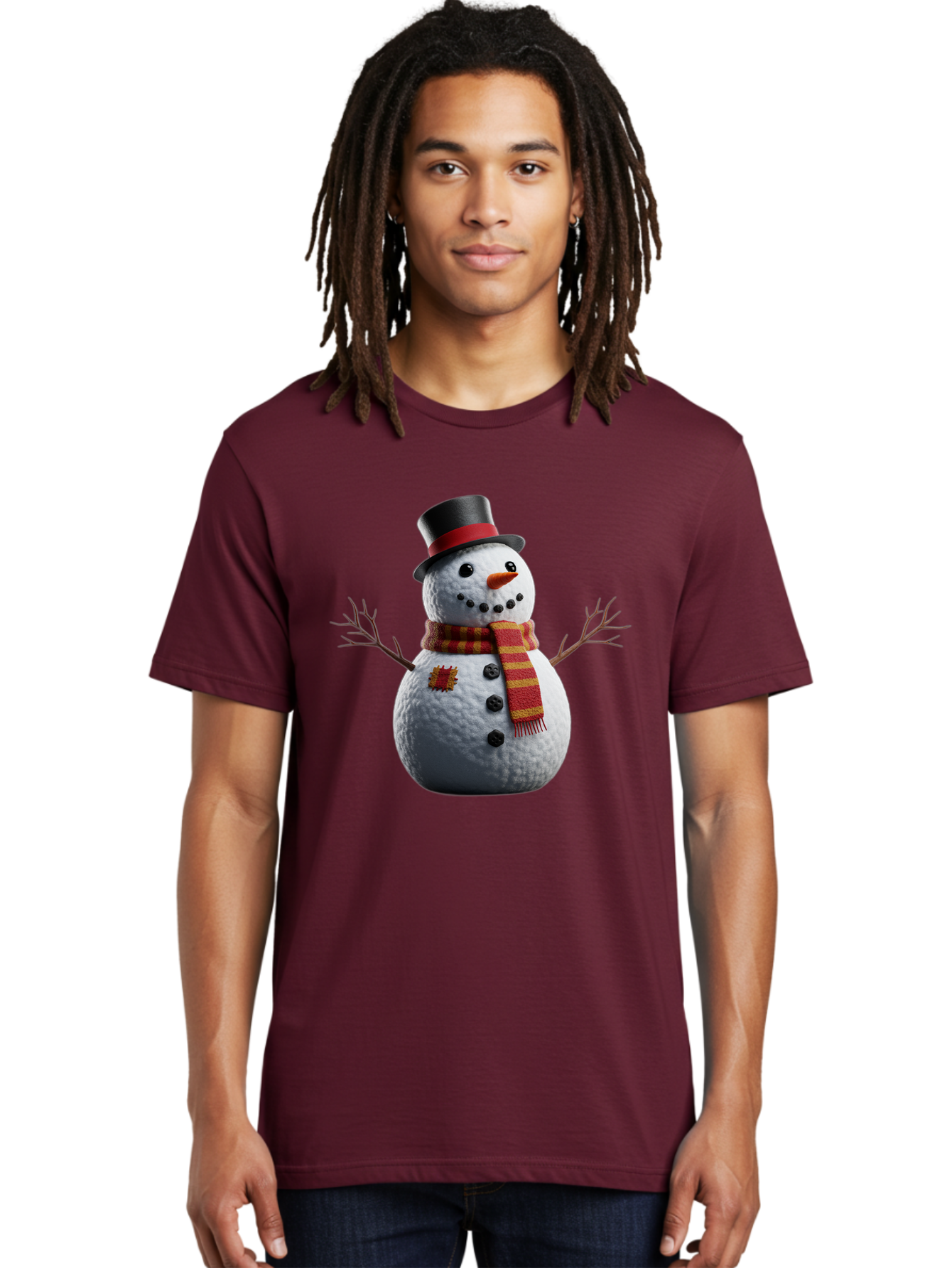 Snowman-In-Top-Hat Men'S Graphic Tee, 100% Cotton, Comfortable Casual Summer Wear, Machine Washable, Snowman With Top Hat, Red And Yellow Striped Scarf, Carrot Nose, Coal Eyes, Festive Winter Character, Winter Holiday Season, Bac443