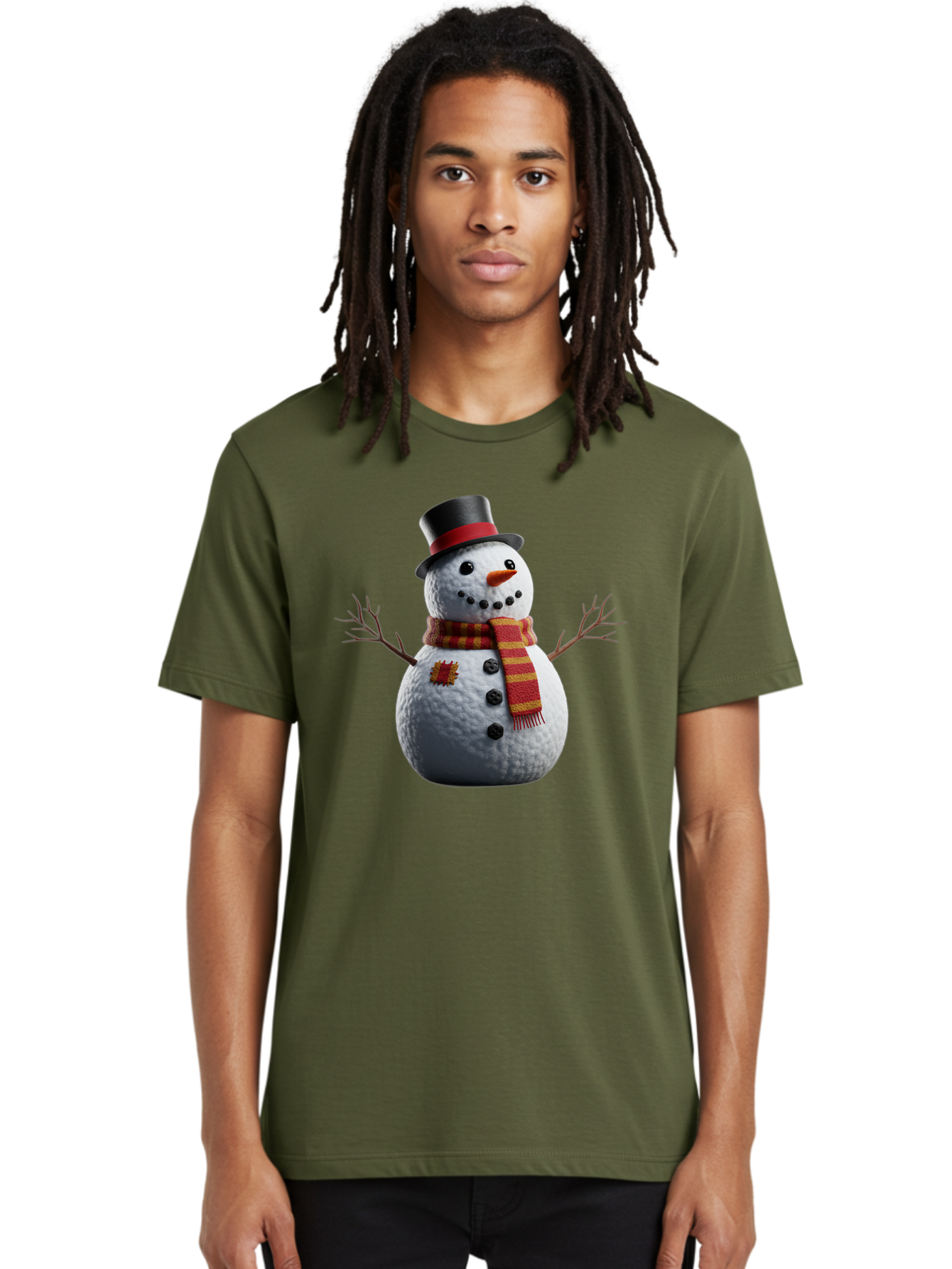 Snowman-In-Top-Hat Men'S Graphic Tee, 100% Cotton, Comfortable Casual Summer Wear, Machine Washable, Snowman With Top Hat, Red And Yellow Striped Scarf, Carrot Nose, Coal Eyes, Festive Winter Character, Winter Holiday Season, Bac443